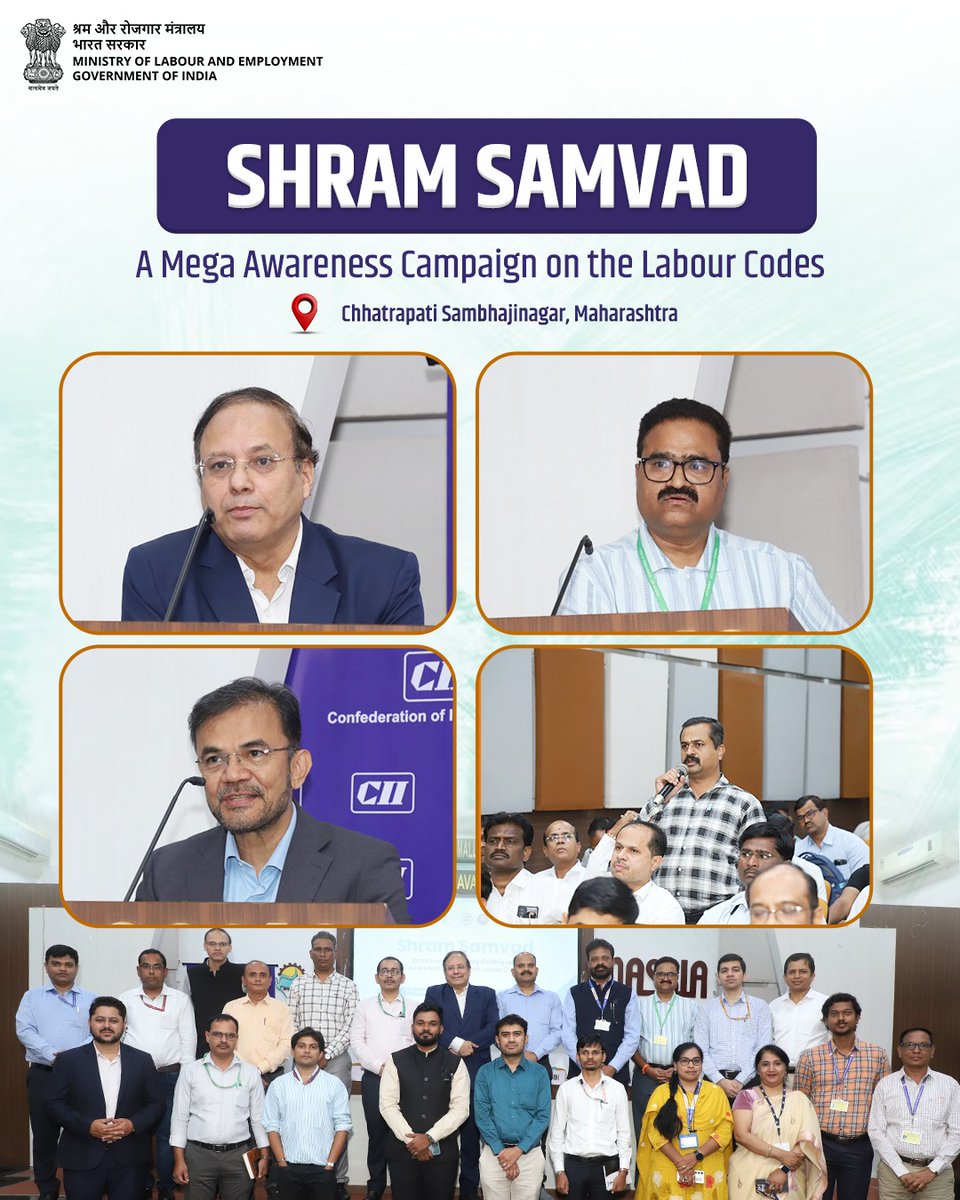 LabourMinistry's tweet photo. As part of #ShramSamvad, an awareness cum stakeholder interaction session on Labour Codes was organised in Chhatrapati Sambhajinagar in collaboration with CII and the Government of Maharashtra.

#LabourCodes #MoLE https://t.co/9xzhxba0xo