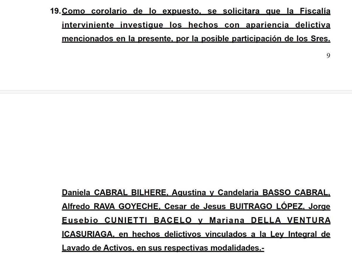 EPreve's tweet photo. 🚨URGENTE / NUEVA DENUNCIA CONTRA CABRAL Y SUS HIJAS

✔️Tres abogados presentaron una nueva denuncia penal, tipificada como "hechos nuevos" contra Daniela Cabral, sus hijas Agustina y Candelaria Basso, Alfredo Rava, el cura colombiano César Cuitrago, el empresario Jorge Cunietti y la escribana Mariana Della Ventura, por la estafa de Conexión Ganadera.

✔️PASIVO MILLONARIO. Según el escrito, un informe contable elaborado por el Cr. Jorge Baruj e incorporado por la familia Basso-Cabral aducía un saldo favorable para Gustavo Basso por USD 7.856.617,55. Sin embargo, la Sindicatura del concurso (representada por Dr. Alfredo Ciavattone) rebatió dicho informe, identificando en realidad un pasivo de USD 45.336.161,11 en contra de la familia.

🔴 La Sindicatura detectó operaciones por un total de USD 92.179.740,61 que incluyeron:

➖Depósitos de inversores en cuentas personales de Basso.

➖Asistencia financiera de Conexión Ganadera Ltda. para compra de inmuebles.

➖Utilización de cheques y letras de cambio de la empresa en beneficio personal.

➖El escrito, firmado por los abogados Leonardo Costa, Graciana Abelenda y Santiago Alonso, destaca que los administradores del grupo trataban los recursos de las empresas como propios. 

➖Además, utilizaban figuras y denominaciones sociales como "DON CORAJE" -una entidad sin R.U.T. ni datos individualizantes inscrita en contratos firmados por Daniela Cabral- y "Hernandarias XIII S.A.G.R.L." para desviar fondos.

🔴 De acuerdo con las declaraciones prestadas en la Sede Concursal por la escribana Mariana Della Ventura, las transacciones inmobiliarias y compraventas del grupo se estructuraban mediante el uso de letras de cambio a nombre de terceros o de las hijas del matrimonio.

🔴POST MORTEM. La denuncia remarca que Daniela Cabral continuó administrando las cuentas bancarias del grupo económico tras el fallecimiento de Gustavo Basso el 28 de noviembre de 2024, aun cuando sus facultades legales se habían extinguido