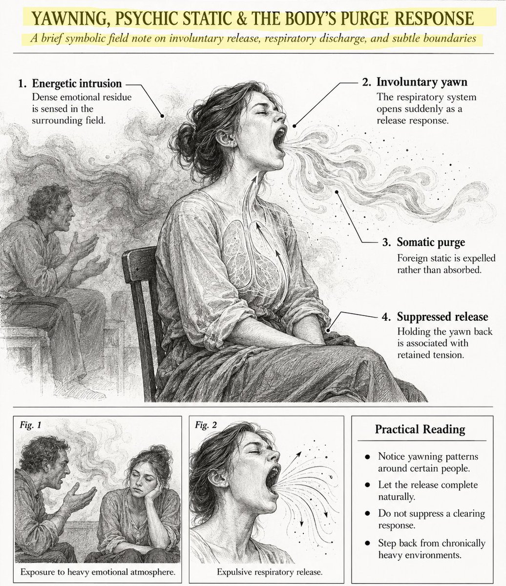 niyetsel's tweet photo. I stopped apologizing for yawning when people are speaking to me.

society assumes yawning is a simple biological sign of physical fatigue or a lack of oxygen in the room.
We treat it as a rude gesture of boredom.
But esoteric anatomy reveals a completely different mechanical reality..

yawning is a violent energetic purge..

when you sit next to someone who is carrying dense emotional residue or heavy psychic static, your auric field immediately detects the intrusion.
Your subtle body refuses to absorb their chaotic frequency.
So it forces a massive, involuntary contraction of your respiratory system to physically expel the foreign density.

You are not tired.
Your body is actively vomiting their stagnant energy.

notice how this happens most often around individuals who constantly complain, carry deep bitterness, or vibrate with erratic tension.
you feel completely fine before they sit down.
Ten minutes into their presence, your eyes are watering and you are desperately gasping for air.
your nervous system is frantically trying to flush out the psychic weight they just dumped into your space.

Ancient healers never suppressed a yawn during a session.
they recognized it as the absolute fastest way to clear the subtle circuitry of absorbed debris.
holding it back because of basic social courtesy forces that dense static to settle deep into your own physical vessel.

stop trapping foreign chaos in your body just to look polite.
let your physical vessel execute its natural defense mechanism..