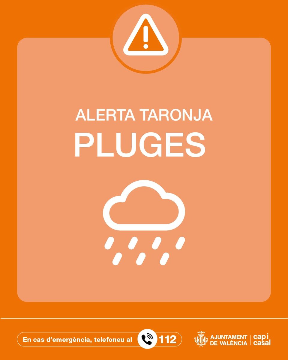AjuntamentVLC's tweet photo. ⚠️ @GVA112 establix per a demà l'alerta taronja 🟠 per pluges i groga per 🟡 tempestes a #València. 

Pren nota d'estos consells ⏬ https://t.co/rQzbObgOTl