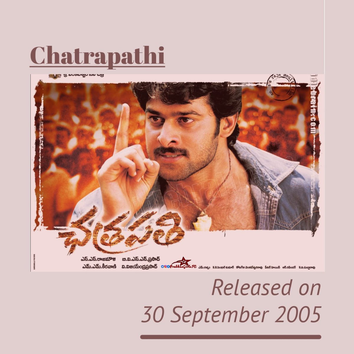 PrabhasGirlsFC's tweet photo. Fans remember 21 years of Chatrapathi and 21 years of Prabhas redefining heroism👑
#Prabhas #21YearsForChatrapathi #PrabhasEra #PrabhasGirlsFC https://t.co/AWTZtPfMkW