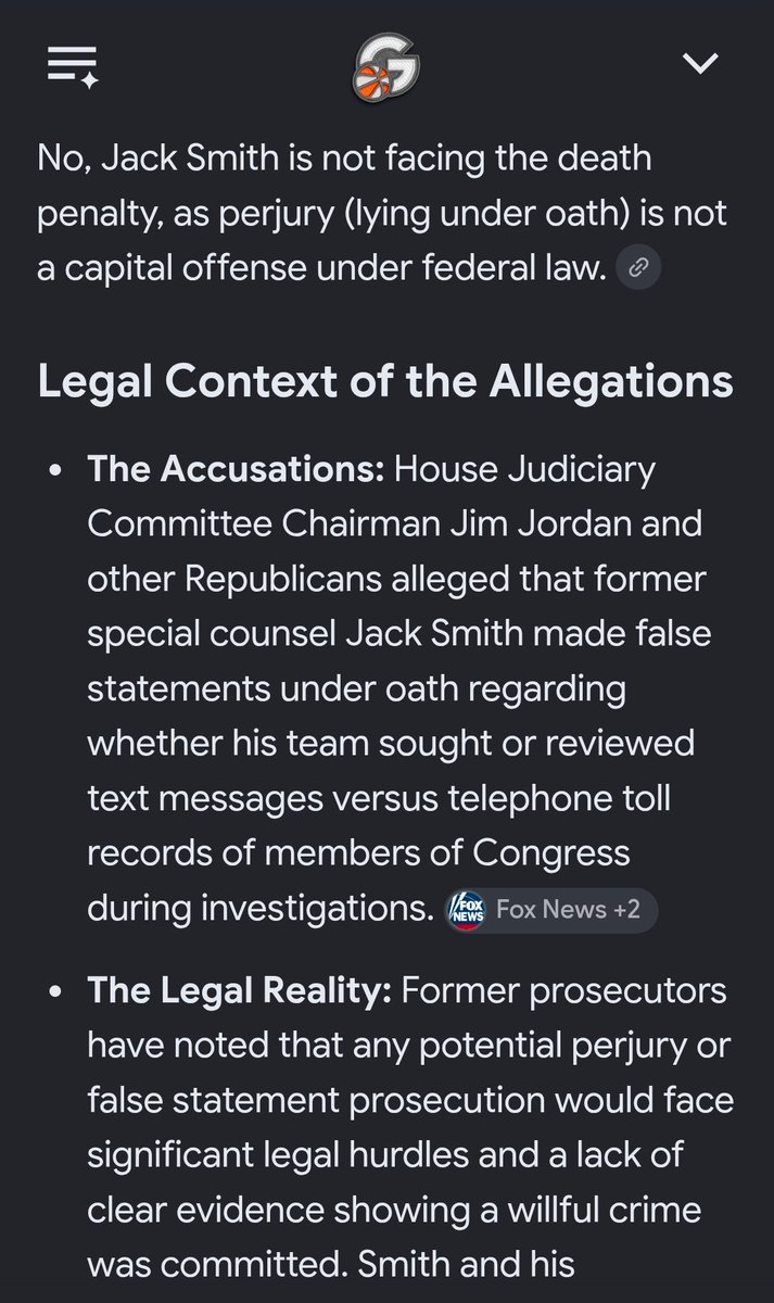 GLPT14's tweet photo. Is Jack Smith facing the death penalty for lying under oath?
No, Jack Smith is not facing the death penalty, as perjury (lying under oath) is not a capital offense under federal law.
#JackSmith
#LyingUnderOath
#JackSmithHearing https://t.co/46gUnlTQqN