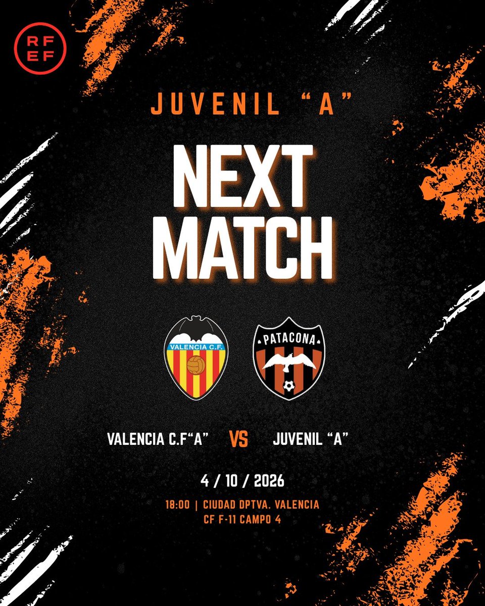 patacona_cf's tweet photo. Nuestro Juvenil "A" se enfrentará este domingo 4 de octubre al Valencia C.F "A" en su campo, ¡Mucha suerte señores! ⚽⚔️

🆚 Valencia C.F "A"
📍 Ciudad Deportiva del Valencia, Campo 4
🕒 18:00 Horas
🗓️ Domingo, 4 de octubre

¡Vamos Patacona! 🧡🖤 https://t.co/9HQT1trw9w
