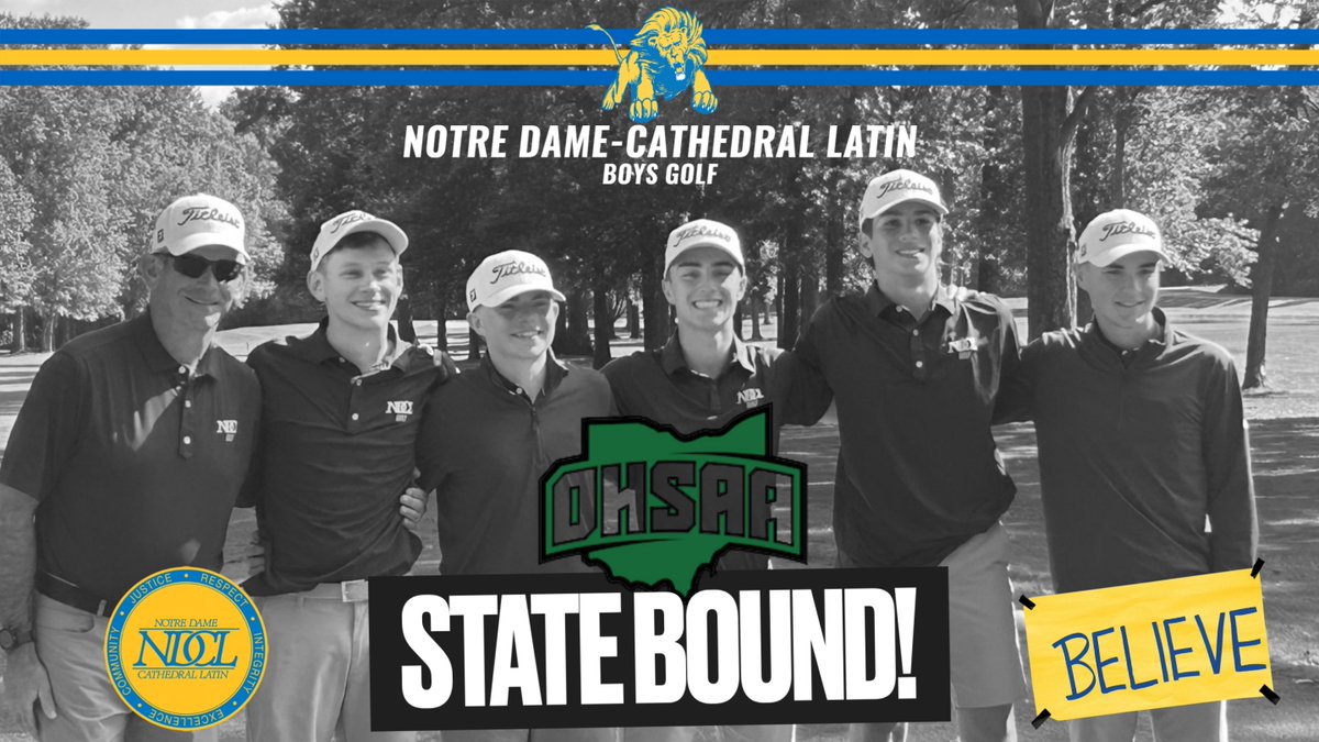 NDCLathletics's tweet photo. STATE BOUND! ⛳🦁

NDCL shoots 321 to finish 3rd of 24 teams at districts and advance to STATE!

Miller: 75 (T-4th)
Cochran: 75 (T-4th)
H. Miller: 83
Williams: 88
Zaller: 92

Next ➡️ Firestone Country Club | Oct. 11-12

#GoLions #DontStopBelieving https://t.co/R4oy4ALQkm