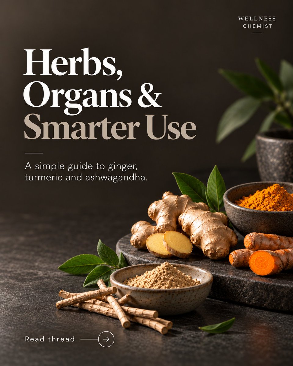 GodswillChemist's tweet photo. Herbs can be useful, but “natural” doesn’t automatically mean harmless.

Ginger, turmeric and ashwagandha all have different evidence, uses and risks.

Here’s the simple version before you reach for a capsule:

- Thread - https://t.co/PYqPpkDMbJ
