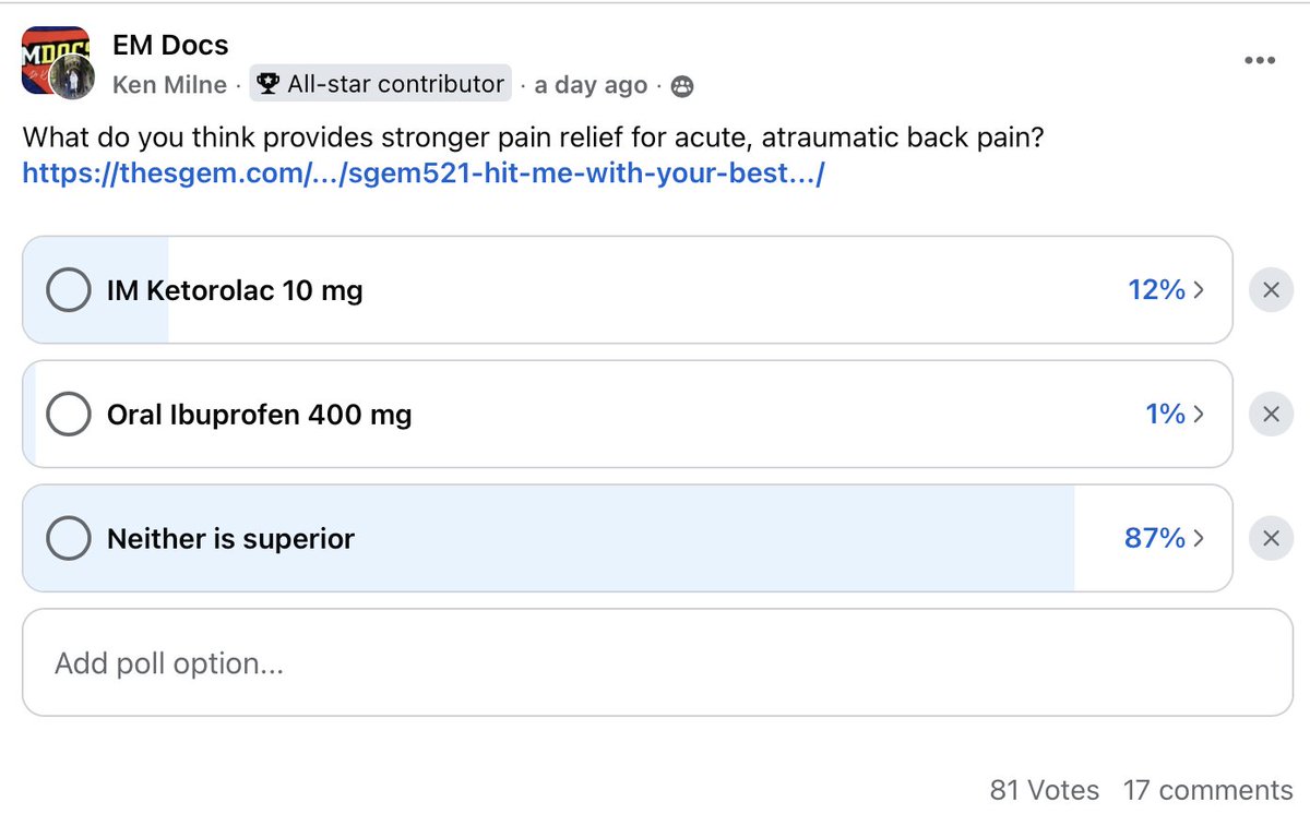 TheSGEM's tweet photo. IM ketorolac was not shown to be superior to oral ibuprofen in this study of acute, atraumatic back pain.
https://t.co/q5AdNcdPyi @painfreeED @Caitlin_Jones_ #EBM #FOAMed https://t.co/4aVzfpjb1R