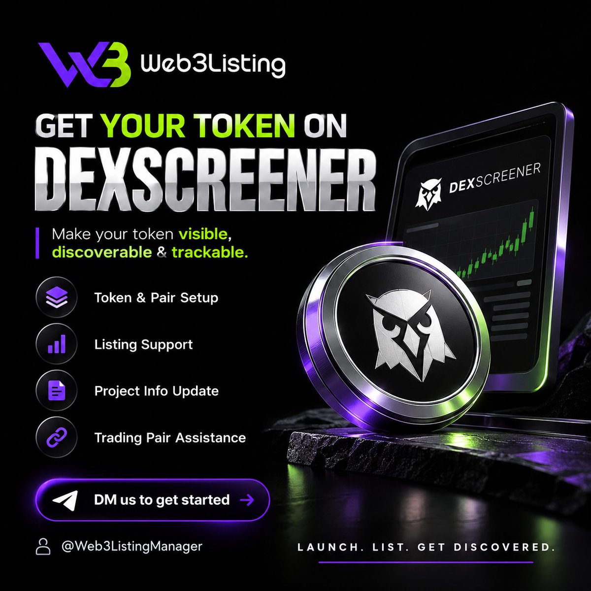 Web3Listingcom's tweet photo. 🚀 GET YOUR TOKEN ON DEXSCREENER!

Make your token visible, discoverable & trackable on one of the most-used DEX analytics platforms.

✅ Token & Pair Setup
📊 Listing Support
📝 Project Info Update
🔗 Trading Pair Assistance

🔥 Ready to get started?

DM us today: @Web3ListingManager
🌐 Web3Listing — Launch. List. Get Discovered.

#DEXScreener #Crypto #Web3 #TokenListing #DEX #DeFi #CryptoProject #Web3Listing
