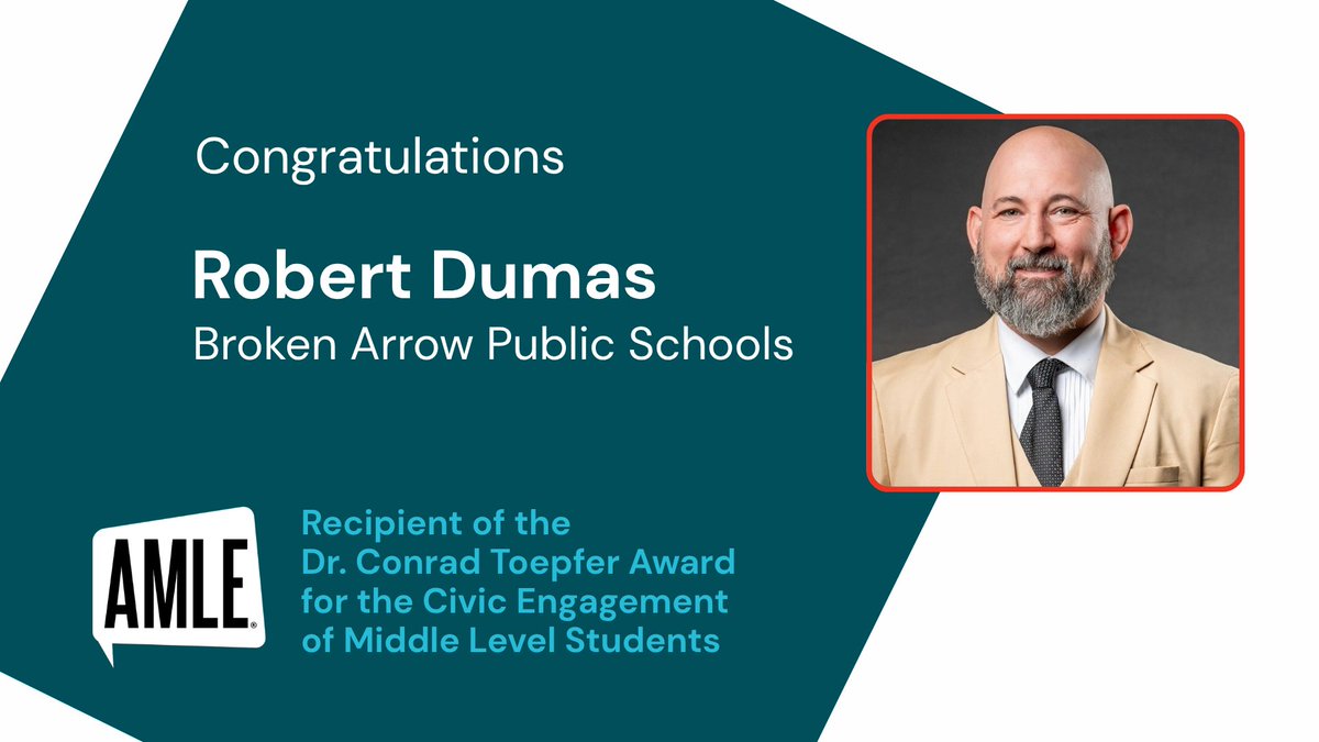 AMLE's tweet photo. We are thrilled to recognize Robert Dumas of Broken Arrow Public Schools as the recipient for AMLE's 2026 Toepfer Award for the Civic Engagement of Middle Grades Students.

Watch the inspiring story of how Mr. Dumas is motiving young adolescents by asking, "What it is we can do for people?" rather than "What it is we can do for grades?".

Catch him presenting live at #AMLE26 this November
➡️ https://t.co/sWGDXYauoi