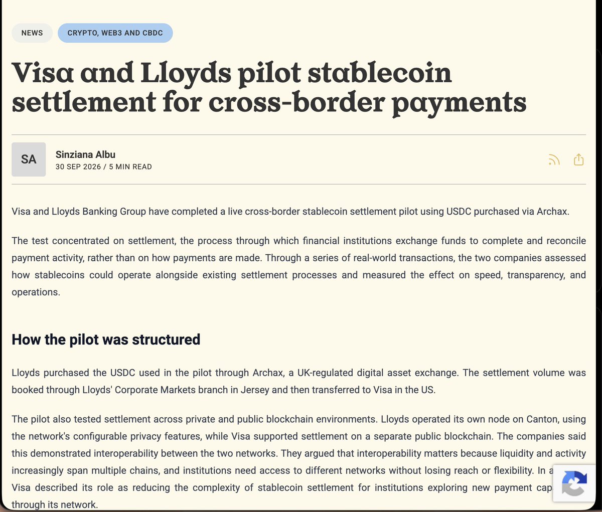 CDemanincor's tweet photo. VISA + LLOYDS just completed a LIVE CROSS BORDER STABLECOIN SETTLEMENT using USDC.

This wasn't a simulated transaction.
During a seven day pilot, Lloyds Banking Group settled $750,000 of real payment obligations with Visa using ethereum:0xa0b86991c6218b36c1d19d4a2e9eb0ce3606eb48  acquired through UK regulated digital asset exchange Archax.

The USDC was transferred from Lloyds' Corporate Markets operation in Jersey to Visa in the United States.
Settlement reached Visa in under one hour including transactions completed over the weekend.

This pilot tested stablecoins as the actual settlement asset between a major UK banking group and one of the world's largest payment networks.

Another real money test showing stablecoins moving deeper into institutional cross-border settlement rather than remaining purely crypto-market infrastructure.

https://t.co/Cc0YO4r1TL