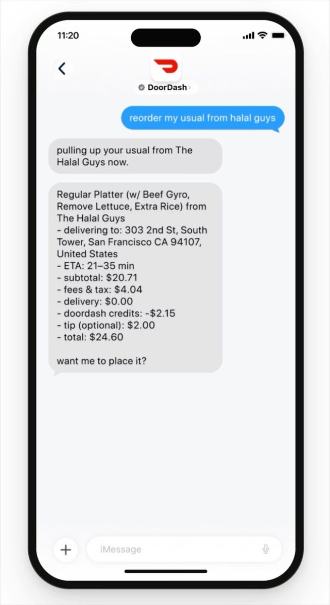 natlungfy's tweet photo. BREAKING: DoorDash unveiled a text-to-order AI agent that works inside iMessage, its answer to popular agentic tools like Instinct and Muse

It is also opening a waitlist for its MCP for enterprise agents to do corporate ordering.

DoorDash doesn’t have an official connector for Muse, but @andyfang told me that’s “TBD”. Doordash is talking with Meta and different AI players to meet users where they are, he said. (CEO Tony Xu is on Meta board)

Photo credit: DoorDash

https://t.co/tcm8aMECp2
