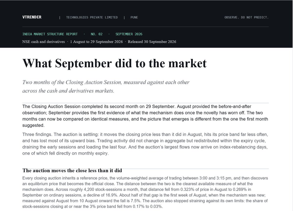 Am_Shai's tweet photo. CAS completed Month 2

And sept provides the first evidence of what a mechanism does once the novelty is off

The CAS pic of sept is very different from aug

1) The closing price did less than in Aug
2) Upward bias of Cas is gone

68000 CR in CAS sept against 63630 CR in Aug
3 sessions make 70% of that - all rebalance days

(Money which would have still come anyway)

Net CAS in a month is less than daily cash turnover of the market

Full report on the blog
link in comments