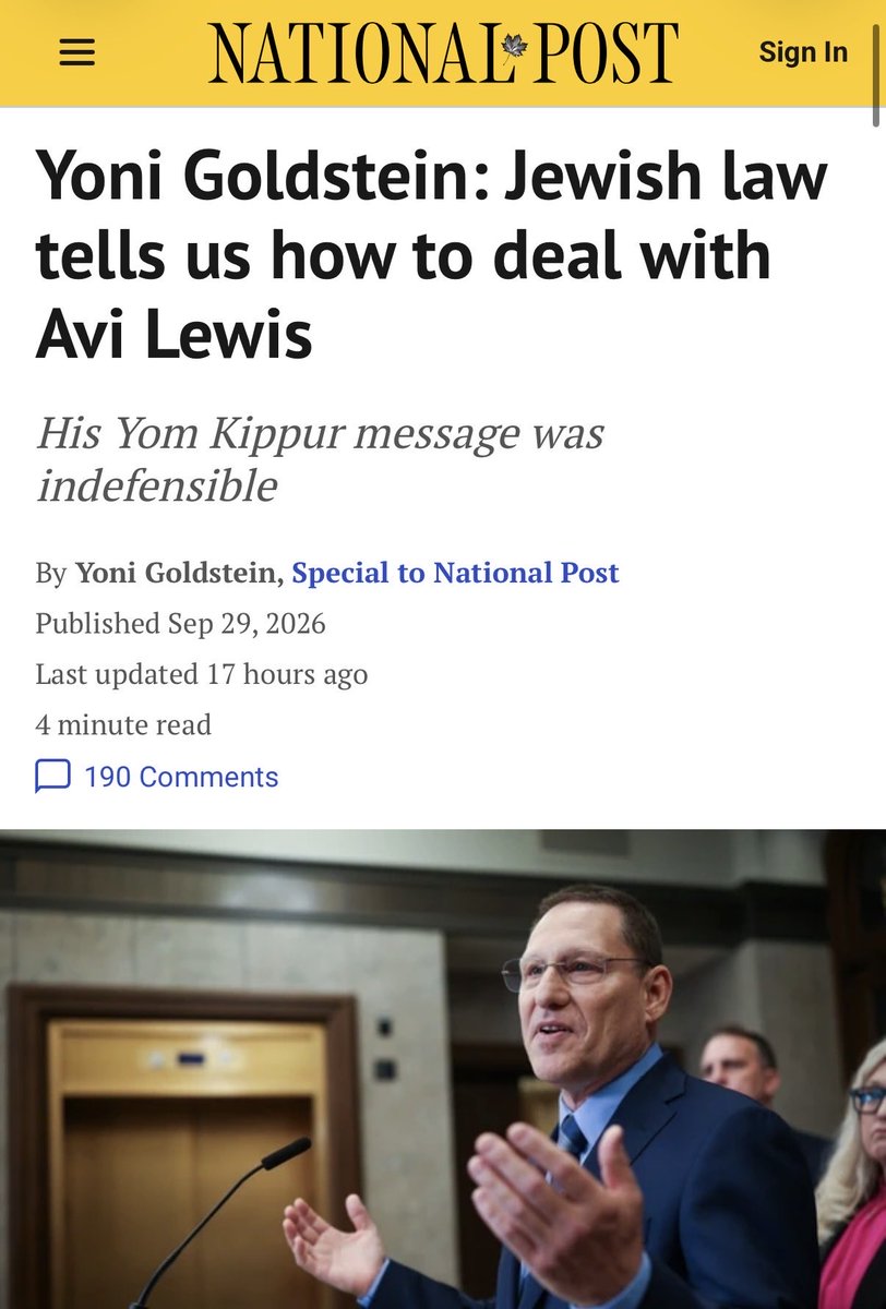 SMohyeddin's tweet photo. Absolutely diabolical. National Post puts a bullseye on Avi Lewis through the rabid ramblings of Yoni Goldstein who invokes Halakhah and Leviticus on how to deal with Jews. Writing Lewis “presents a clear and present danger to the Jewish community” & other Jews are “duty-bound to step in.” This is so irresponsible. The National Post should be stripped of any government funding it receives from Canada. This is wholly negligent and irresponsible.