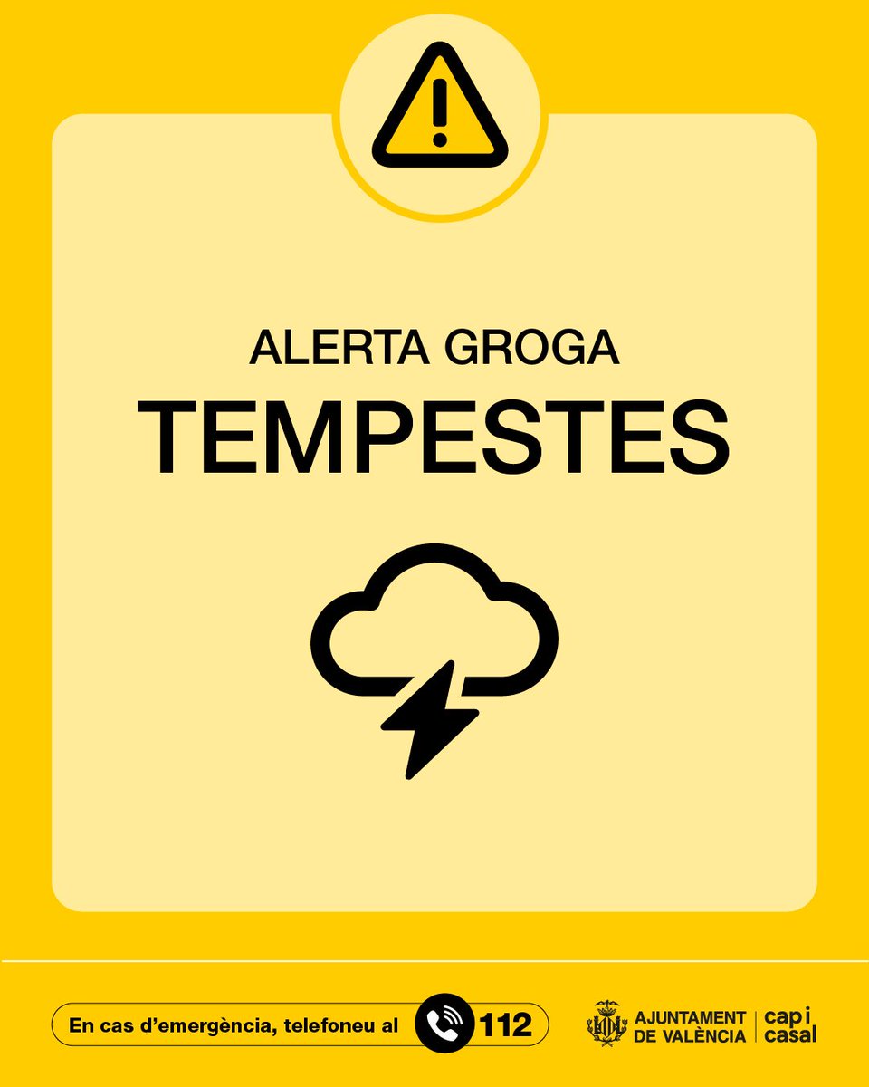 AjuntamentVLC's tweet photo. ⚠️ @GVA112 establix per a demà l'alerta taronja 🟠 per pluges i groga per 🟡 tempestes a #València. 

Pren nota d'estos consells ⏬ https://t.co/rQzbObgOTl