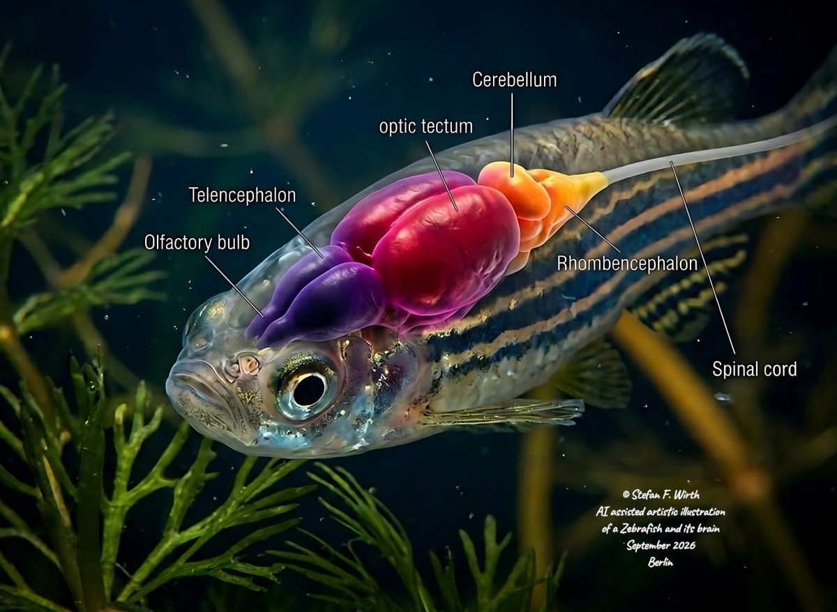 wirthstef's tweet photo. Researchers have developed a #fast #highresolution #microscope that enables them to #visualize #neuronalactivity within the #zebrafish #brain.
Zebrafish #Danio #rerio (#Danionidae) are popular aquarium fish that are easy to keep and breed. For these same reasons, they also serve as suitable #scientificmodel organisms. A particular advantage for science is that the developing #embryos and #larvae are initially #transparent, allowing for the observation of various developmental biological processes. The development of the #nervoussystem, including the brain, is of particular interest. However, current research focuses not only on the brain's ontogenetic development but also on its detailed anatomy and functional mechanisms.
Neurons communicate with one another via #electricalimpulses. Since vertebrate brains are generally highly capable of multitasking, constantly processing multiple sensory inputs simultaneously, electrical impulses occur in different regions of the brain at the same time. Visualizing this activity has previously required complex measurement methods.
Z. Wang et al. (2026) have developed a #novelmicroscope capable of optically capturing and displaying brain-wide neuronal activity within the zebrafish brain. This opens up entirely new research possibilities for a wide range of neurobiological questions.
To achieve this, researchers from the MIT team modified a #lightsheetmicroscope. By using a #laserbeam and sequentially imaging #multiplelayers, they generate #threedimensional #images of a large #volume. Since neural networks operate extremely rapidly, often taking only a few milliseconds, previous methods such as #calciumimaging were too slow. To create a high-speed microscope, the authors increased the camera's image #acquisitionrate. They also employed "#remoterefocusing" to boost the microscope's #scanningspeed. This enabled the researchers to scan the zebrafish brain 200 times per second. They introduced a #voltageindicator named #Positron2-Kv into the fish larvae by genetically modifying specific neurons; this provided sufficient resolution to visualize brain voltage patterns at high speed. Additionally, ultraviolet light was used as an extra stimulus. The researchers aim to further develop their technology to eventually correlate brain activity with states of #consciousness and #behaviors.
© #Stefan F. Wirth, September 2026, Berlin
Please support my science writing and illustration efforts with even the smallest coffee donation; as a freelancer, I rely heavily on this support: ko-fi 👇 link in my first comment
Reference:
Z. Wang et al. (2026):
DOI: 10.1038/s41592-026-03179-7 👇 link in my first comment
#Illustrations:
© Stefan F. Wirth; AI-assisted illustrations based on my hand-drawn sketches, manually edited; September 2026, Berlin. 1)–3) Artistic illustration of a zebrafish, its brain and the major #braincompartments.
Figure:
Remote-scanning light-sheet microscopy for #voltageimaging of neurons distributed across much of the larval zebrafish brain.
a, Overview and #operationalprinciples of the remote-scanning LSM optimized for volumetric voltage imaging of neurons distributed across much of the larval zebrafish brain.
By Z. Wang et al. (2026), licensed under creative commons Attribution 4.0 International License. 👇 link in my first answer