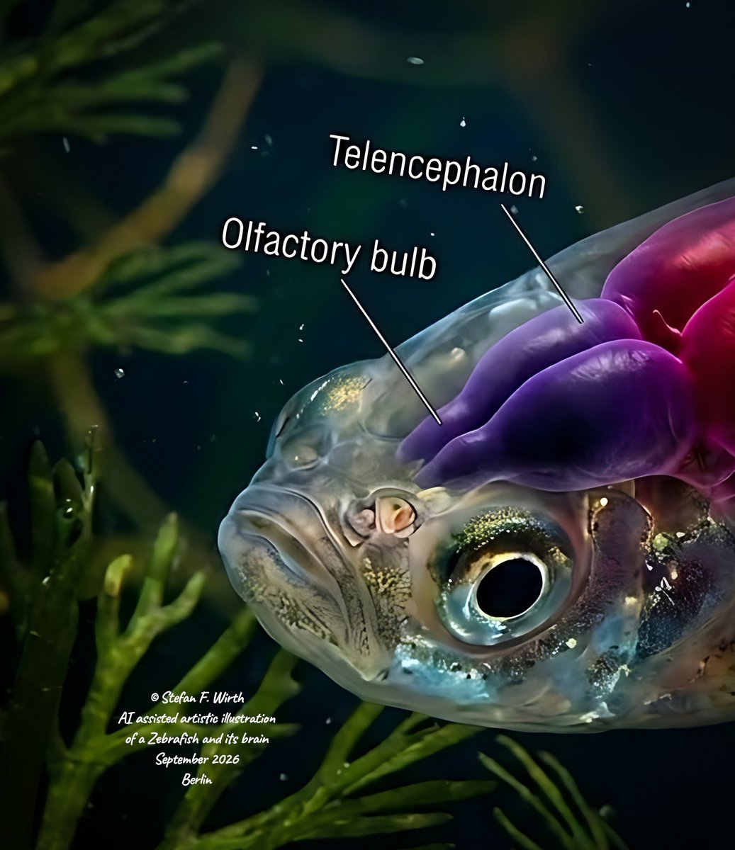 wirthstef's tweet photo. Researchers have developed a #fast #highresolution #microscope that enables them to #visualize #neuronalactivity within the #zebrafish #brain.
Zebrafish #Danio #rerio (#Danionidae) are popular aquarium fish that are easy to keep and breed. For these same reasons, they also serve as suitable #scientificmodel organisms. A particular advantage for science is that the developing #embryos and #larvae are initially #transparent, allowing for the observation of various developmental biological processes. The development of the #nervoussystem, including the brain, is of particular interest. However, current research focuses not only on the brain's ontogenetic development but also on its detailed anatomy and functional mechanisms.
Neurons communicate with one another via #electricalimpulses. Since vertebrate brains are generally highly capable of multitasking, constantly processing multiple sensory inputs simultaneously, electrical impulses occur in different regions of the brain at the same time. Visualizing this activity has previously required complex measurement methods.
Z. Wang et al. (2026) have developed a #novelmicroscope capable of optically capturing and displaying brain-wide neuronal activity within the zebrafish brain. This opens up entirely new research possibilities for a wide range of neurobiological questions.
To achieve this, researchers from the MIT team modified a #lightsheetmicroscope. By using a #laserbeam and sequentially imaging #multiplelayers, they generate #threedimensional #images of a large #volume. Since neural networks operate extremely rapidly, often taking only a few milliseconds, previous methods such as #calciumimaging were too slow. To create a high-speed microscope, the authors increased the camera's image #acquisitionrate. They also employed "#remoterefocusing" to boost the microscope's #scanningspeed. This enabled the researchers to scan the zebrafish brain 200 times per second. They introduced a #voltageindicator named #Positron2-Kv into the fish larvae by genetically modifying specific neurons; this provided sufficient resolution to visualize brain voltage patterns at high speed. Additionally, ultraviolet light was used as an extra stimulus. The researchers aim to further develop their technology to eventually correlate brain activity with states of #consciousness and #behaviors.
© #Stefan F. Wirth, September 2026, Berlin
Please support my science writing and illustration efforts with even the smallest coffee donation; as a freelancer, I rely heavily on this support: ko-fi 👇 link in my first comment
Reference:
Z. Wang et al. (2026):
DOI: 10.1038/s41592-026-03179-7 👇 link in my first comment
#Illustrations:
© Stefan F. Wirth; AI-assisted illustrations based on my hand-drawn sketches, manually edited; September 2026, Berlin. 1)–3) Artistic illustration of a zebrafish, its brain and the major #braincompartments.
Figure:
Remote-scanning light-sheet microscopy for #voltageimaging of neurons distributed across much of the larval zebrafish brain.
a, Overview and #operationalprinciples of the remote-scanning LSM optimized for volumetric voltage imaging of neurons distributed across much of the larval zebrafish brain.
By Z. Wang et al. (2026), licensed under creative commons Attribution 4.0 International License. 👇 link in my first answer