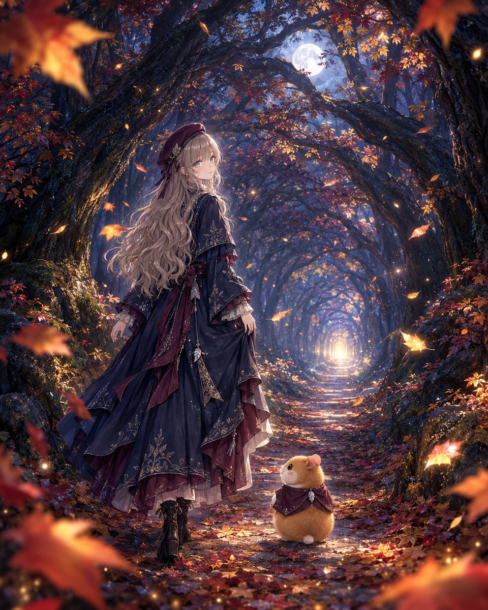 nebulanap_nagi's tweet photo. 月が優しく照らす夜の森、色づいた紅葉がひらひらと舞い踊る小道を歩いているよ🌙✨
おそろいの深紅の装いをまとった相棒も、奥から差す光をじっと見つめています🐹💙
今日という日がそっと幕を閉じ、あなたの心に穏やかな安らぎが訪れますように、温かな夢の世界へいってらっしゃい🌌 https://t.co/luwiOT52Z7