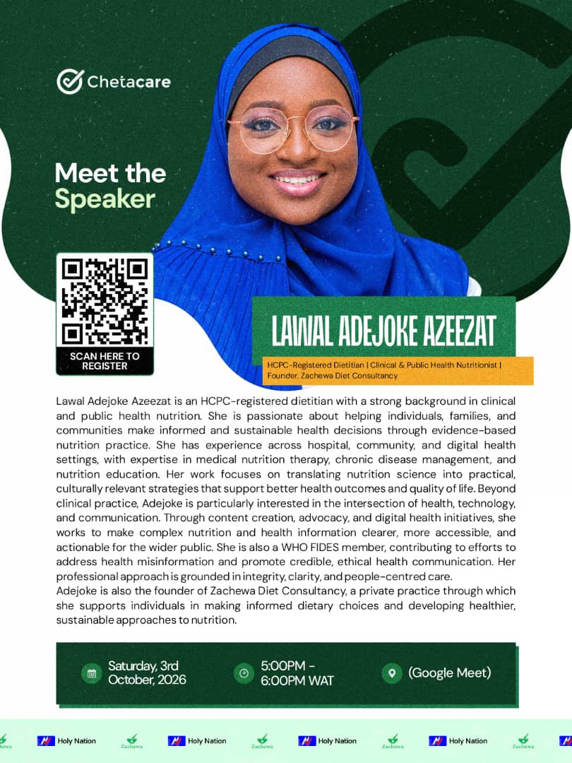 Chetacare's tweet photo. We are excited to introduce @jokkelawal (https://t.co/YDv2fcofgn, RDN 🇳🇬 🇬🇧), HCPC-Registered Dietitian, Clinical &amp; Public Health Nutritionist, and Founder of Zachewa Diet Consultancy, as our guest speaker for the Chetacare Nutrition Webinar. 
Register: https://t.co/gTzR1sYHt4 https://t.co/j48uEIikri