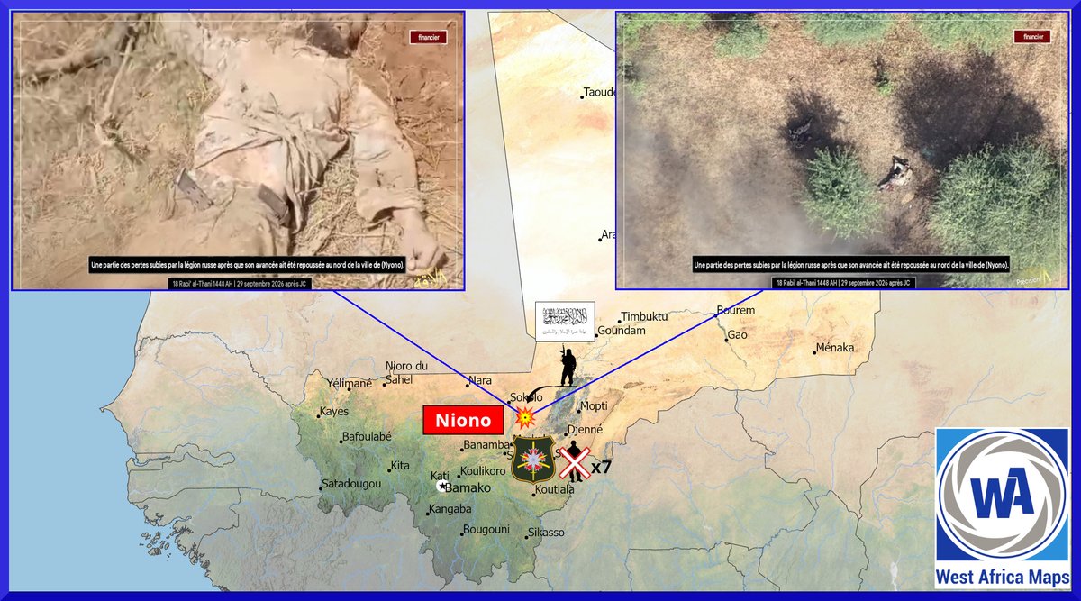 Wamaps_news's tweet photo. MALI 🇲🇱 | Le 29/09, le JNIM a publié le bilan de son attaque au nord de Niono (Ségou) contre l’Africa Corps 🇷🇺

🔴 Dans son communiqué (en 📸 ci-dessous), le groupe terroriste affirme avoir pris pour cible une patrouille une patrouille de l’Africa Corps, faisant selon lui 7 morts ou blessés parmi ses membres.
(en 📸 sur notre carte ci-dessous)
(en 📽️ en commentaire)

Les sources locales mentionnent au moins 4 russes tués, ainsi que des blessés pris en charge à Niono

Le groupe revendique également avoir détruit de 2 véhicules militaires et saisi de matériel « 2 Kalachnikovs, 3 armes lance-grenades, 1 moto, 2 drones, 2 appareils radar, 17 grenades à main »
(en 📸 ci-dessous)

💥 Le centre du Mali a été le théâtre de plusieurs attaques terroristes majeures durant le mois de septembre 2026 :

- 07/09 : Kaka / Sofara (mort de 4 à 6 membres d’Africa Corps et 7 chasseurs Dozos)
- 10/09 : Dioura (mort d’au moins 100 soldats maliens, 5 membres d’Africa Corps et des dizaines de prisonniers)
- 14/09 : Konna (neutralisation de 33 soldats FAMa et russes au total avec Sévaré, selon le JNIM)
- 14-19/09 : Sévaré (base aérienne russe ciblée plusieurs jours de suite)
- 19/09 : Diabali (3 véhicules de l’Africa Corps détruits)
- 24/09 : Douentza (patrouille Africa-Corps/FAMa détruit par un IED)
- 24/09 : Carrefour de Djenné (Camp FAMa ciblé et saisi par le JNIM, mort de 2 soldats maliens)
- 28/09 : Niono (mort de 4 à 7 membres de l’Africa Corps)

ℹ️ Durant la même période et dans le même secteur, l’État-Major Général des Armées malien a revendiqué avoir mené plusieurs opérations antiterroristes :

- 04/09 : Kirnya (Douentza)
- 06/09 : Berdossou (Bandiagara), Sofara (Mopti)
- 10, 13, 14, 15, 16, 17, 19, 21 et 28/09 : Dioura et alentours (Mopti)
- 17/09 : Sud-est de Djenné (Mopti)
- 18/09 : Nord-ouest de Sévaré (Mopti)
- 27/09 : Niono (Ségou)

L’armée malienne n’a pas communiqué sur cette attaque mais, a revendiqué une frappe aérienne effectuée la veille, dans la même zone

Le bilan mensuel des attaques terroristes et des opérations militaires au Sahel est à venir