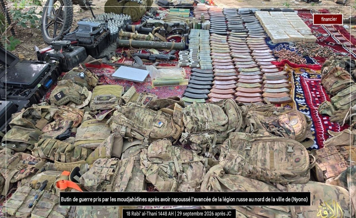 Wamaps_news's tweet photo. MALI 🇲🇱 | Le 29/09, le JNIM a publié le bilan de son attaque au nord de Niono (Ségou) contre l’Africa Corps 🇷🇺

🔴 Dans son communiqué (en 📸 ci-dessous), le groupe terroriste affirme avoir pris pour cible une patrouille une patrouille de l’Africa Corps, faisant selon lui 7 morts ou blessés parmi ses membres.
(en 📸 sur notre carte ci-dessous)
(en 📽️ en commentaire)

Les sources locales mentionnent au moins 4 russes tués, ainsi que des blessés pris en charge à Niono

Le groupe revendique également avoir détruit de 2 véhicules militaires et saisi de matériel « 2 Kalachnikovs, 3 armes lance-grenades, 1 moto, 2 drones, 2 appareils radar, 17 grenades à main »
(en 📸 ci-dessous)

💥 Le centre du Mali a été le théâtre de plusieurs attaques terroristes majeures durant le mois de septembre 2026 :

- 07/09 : Kaka / Sofara (mort de 4 à 6 membres d’Africa Corps et 7 chasseurs Dozos)
- 10/09 : Dioura (mort d’au moins 100 soldats maliens, 5 membres d’Africa Corps et des dizaines de prisonniers)
- 14/09 : Konna (neutralisation de 33 soldats FAMa et russes au total avec Sévaré, selon le JNIM)
- 14-19/09 : Sévaré (base aérienne russe ciblée plusieurs jours de suite)
- 19/09 : Diabali (3 véhicules de l’Africa Corps détruits)
- 24/09 : Douentza (patrouille Africa-Corps/FAMa détruit par un IED)
- 24/09 : Carrefour de Djenné (Camp FAMa ciblé et saisi par le JNIM, mort de 2 soldats maliens)
- 28/09 : Niono (mort de 4 à 7 membres de l’Africa Corps)

ℹ️ Durant la même période et dans le même secteur, l’État-Major Général des Armées malien a revendiqué avoir mené plusieurs opérations antiterroristes :

- 04/09 : Kirnya (Douentza)
- 06/09 : Berdossou (Bandiagara), Sofara (Mopti)
- 10, 13, 14, 15, 16, 17, 19, 21 et 28/09 : Dioura et alentours (Mopti)
- 17/09 : Sud-est de Djenné (Mopti)
- 18/09 : Nord-ouest de Sévaré (Mopti)
- 27/09 : Niono (Ségou)

L’armée malienne n’a pas communiqué sur cette attaque mais, a revendiqué une frappe aérienne effectuée la veille, dans la même zone

Le bilan mensuel des attaques terroristes et des opérations militaires au Sahel est à venir
