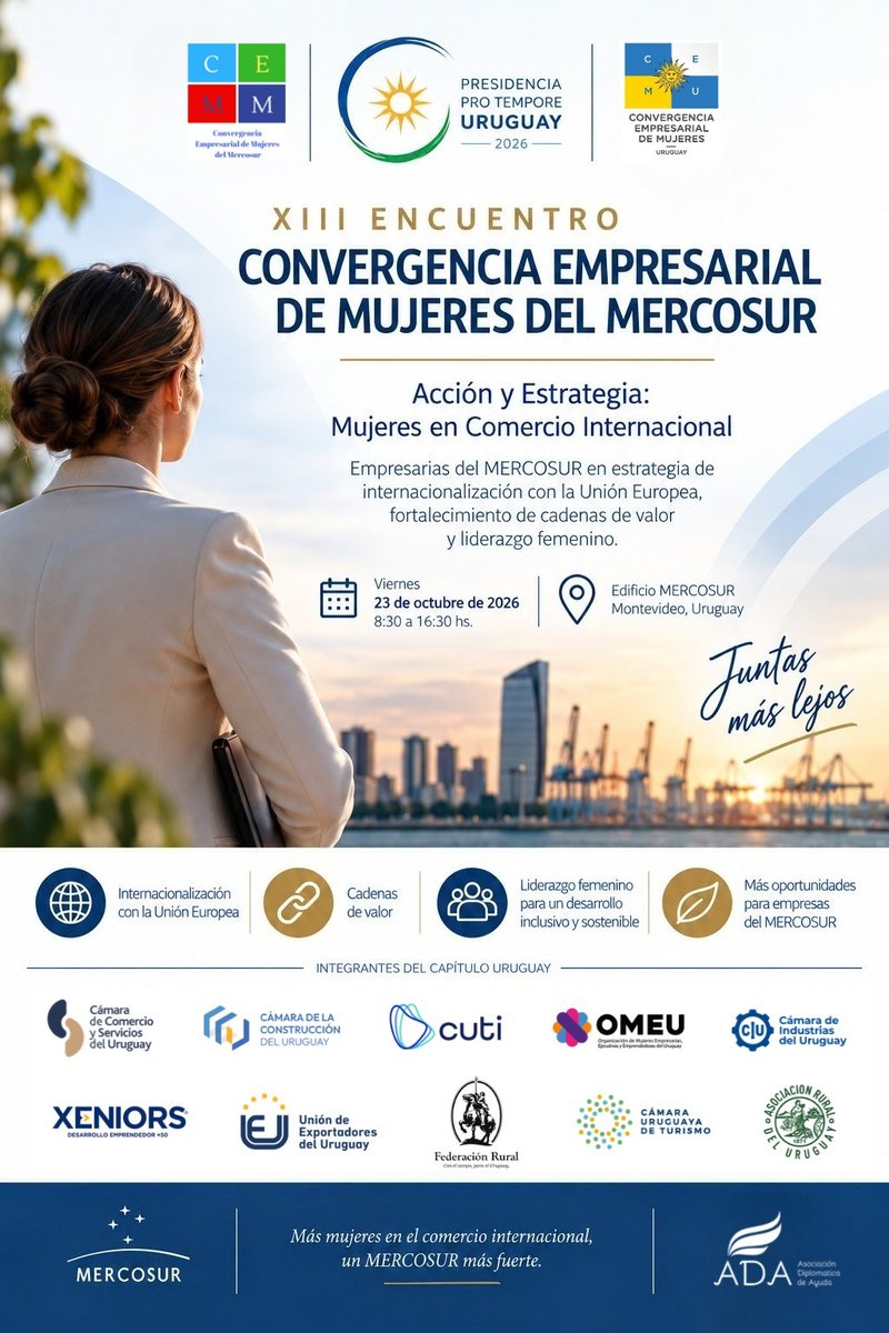 camindus's tweet photo. 📌 En el marco de la 𝐂𝐨𝐧𝐯𝐞𝐫𝐠𝐞𝐧𝐜𝐢𝐚 𝐄𝐦𝐩𝐫𝐞𝐬𝐚𝐫𝐢𝐚𝐥 𝐝𝐞 𝐌𝐮𝐣𝐞𝐫𝐞𝐬 𝐝𝐞𝐥 𝐌𝐞𝐫𝐜𝐨𝐬𝐮𝐫 – 𝐂𝐚𝐩𝐢́𝐭𝐮𝐥𝐨 𝐔𝐫𝐮𝐠𝐮𝐚𝐲 (𝐂𝐄𝐌𝐔), participaremos en el XIII Encuentro, bajo la consigna: 𝐴𝑐𝑐𝑖𝑜́𝑛 𝑦 𝐸𝑠𝑡𝑟𝑎𝑡𝑒𝑔𝑖𝑎: 𝑀𝑢𝑗𝑒𝑟𝑒𝑠 𝑒𝑛 𝐶𝑜𝑚𝑒𝑟𝑐𝑖𝑜 𝐼𝑛𝑡𝑒𝑟𝑛𝑎𝑐𝑖𝑜𝑛𝑎𝑙.

Un espacio para analizar y compartir experiencias de liderazgo e internacionalización, con foco en las oportunidades para las empresarias del Mercosur y su vinculación con la Unión Europea.

📅 Viernes 23 de octubre
🕣 8:30 a 16:30 h
📍 Edificio MERCOSUR – Montevideo, Uruguay

Inscribite 👉
https://t.co/JKpgwFypxf

#IndustriaComprometida🤝