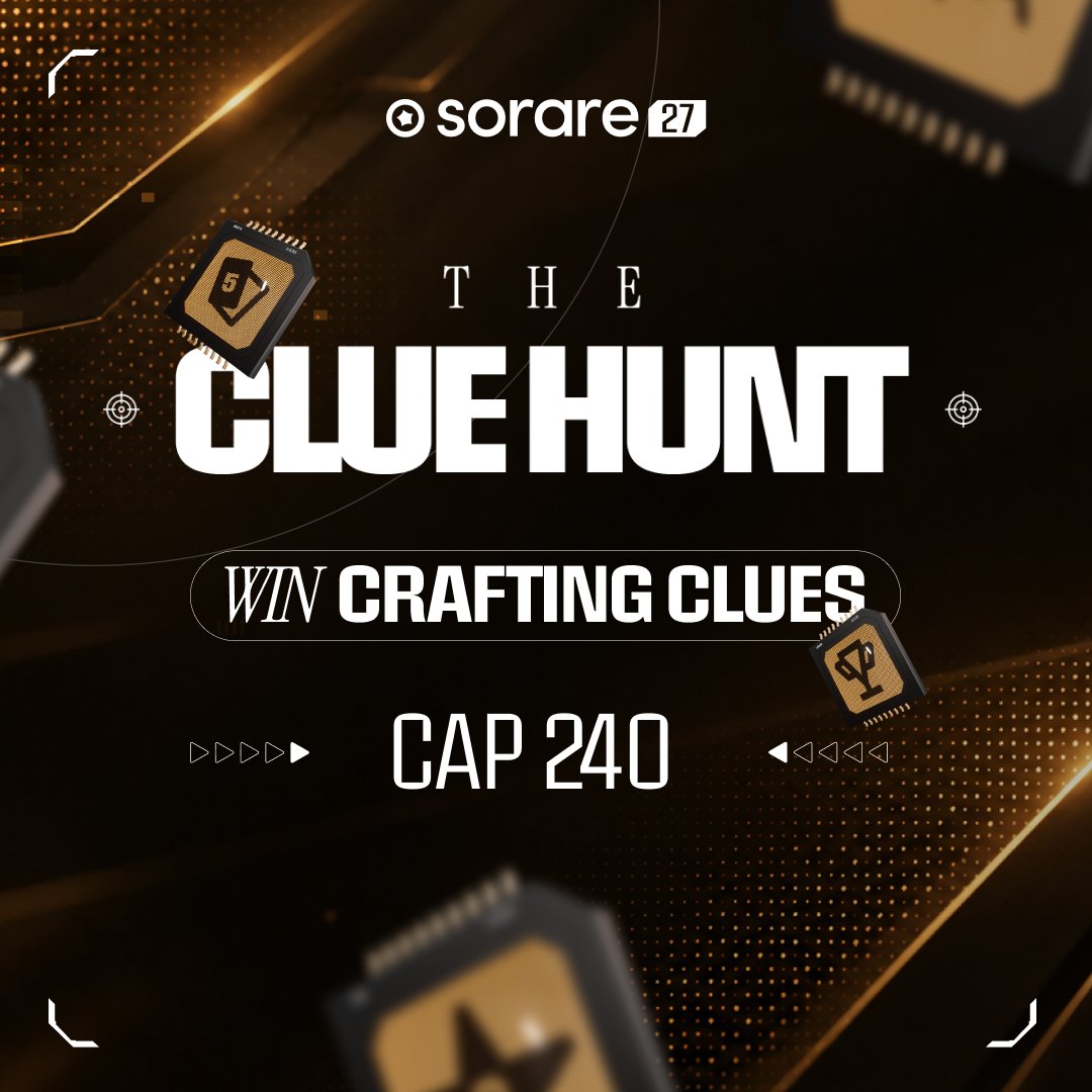 Sorare's tweet photo. 🕵️ CLUE HUNT SPECIAL EVENT 🕵️

Need a Clue refill? Time to hunt 🔎

🏆 GW19: Oct. 2–6
🔙 Cap 240 is BACK
🌍 All-Star coverage
🎟️ Limited, Rare &amp; Super Rare: One competition per scarcity
🧩 Crafting Clue packages up for grabs

Build your best lineup under the 240 cap  👀