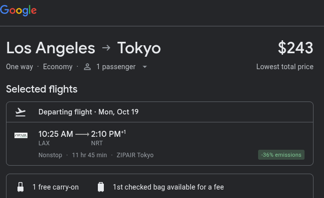 EscFlightsLAX's tweet photo. What do you all think of this $243 Nonstop to Tokyo. Fare has bag fees, but at this price, I think those are pretty well offset.

$243 one-way
$556-$670 round-trip 
Flights between October-January

Help us keep this page available for free without a paywall by leaving a like. https://t.co/cOFvDdnW3p