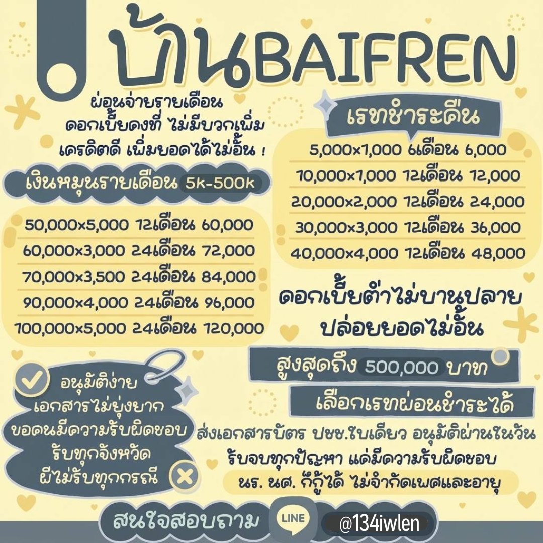 gerr9xf's tweet photo. ♡ 𝚋𝚊𝚒𝚏𝚎𝚛𝚗 / ปล่อยกู้รายเดือน  🌥

🧽 5k - 500 k เปิดรับทุกอาชีพ ! 𓏸

⌗ ดอกเบี้ยคงที่ไม่มีบวกเพิ่ม  🌟   

    สนใจจิ้มลิ้งก์ 𝐛𝐢𝐨 ค้าบ 
#เงินกู้ #กู้เงิน #กู้เงินรายเดือน https://t.co/1ijfZRc7HQ