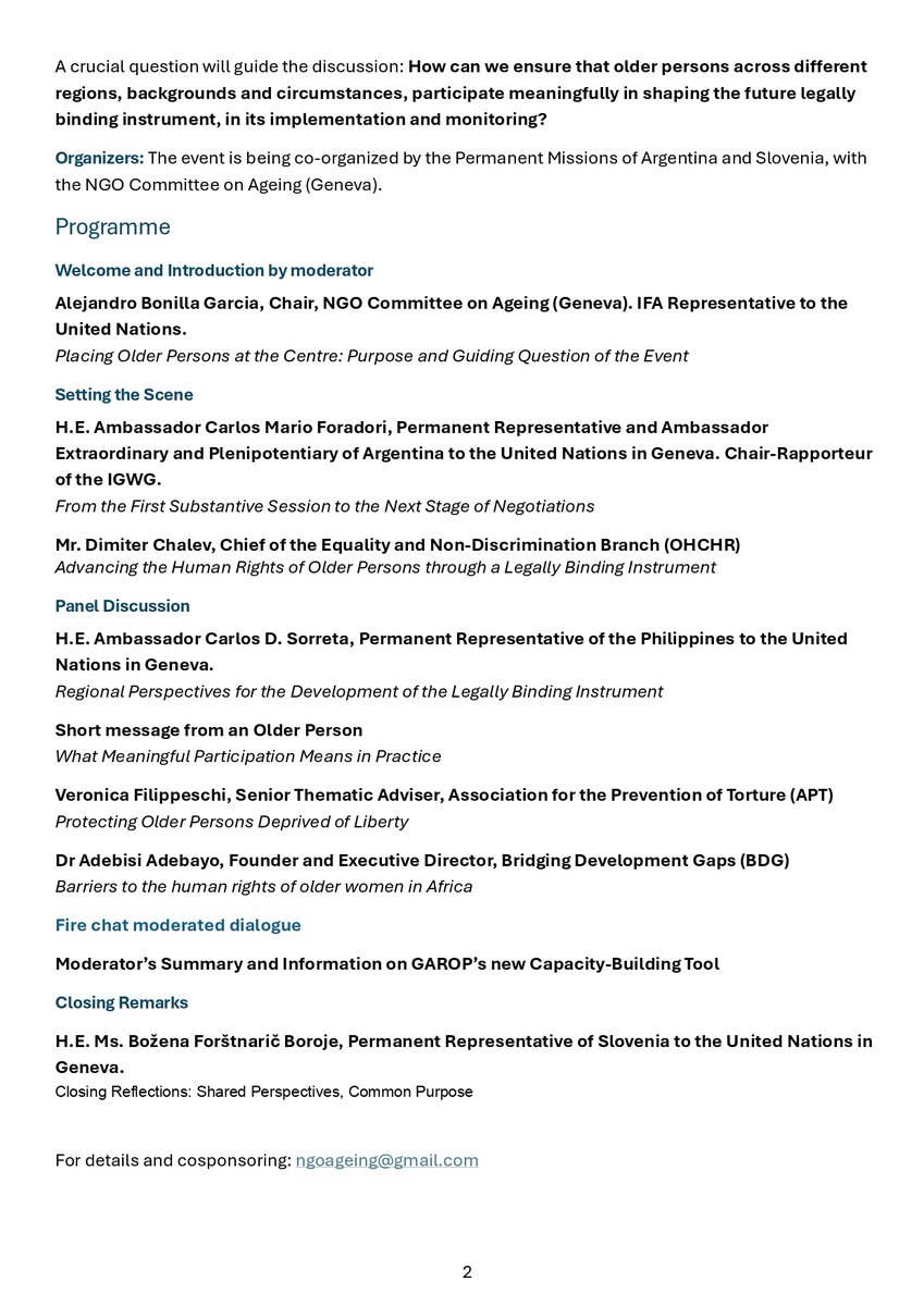 GAROP_Sec's tweet photo. GAROP is co-sponsoring an #HRC63 side event on October 1, International Day of Older Persons on how older people can help shape the new convention. Details below⤵️

🗓️: 13:00 CEST Room V, Palais des Nations or join online: https://t.co/psjJoajUql

@UNandAgeing 
#AgeWithRights https://t.co/nP1JADc9xi