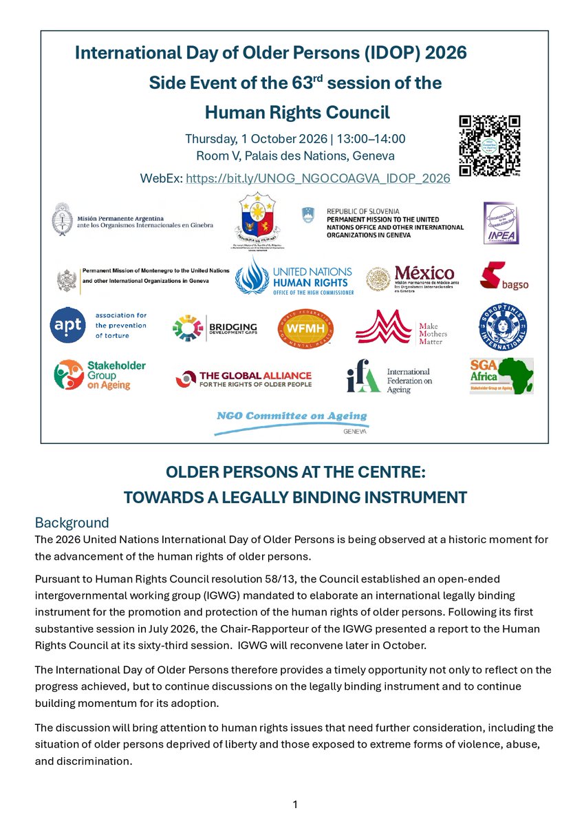 GAROP_Sec's tweet photo. GAROP is co-sponsoring an #HRC63 side event on October 1, International Day of Older Persons on how older people can help shape the new convention. Details below⤵️

🗓️: 13:00 CEST Room V, Palais des Nations or join online: https://t.co/psjJoajUql

@UNandAgeing 
#AgeWithRights https://t.co/nP1JADc9xi
