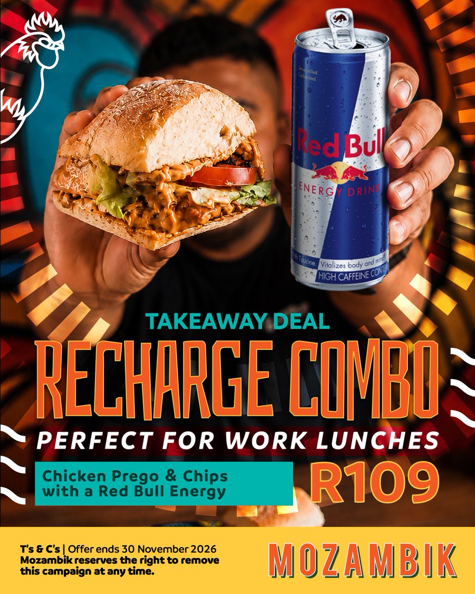 TheMozambik's tweet photo. ⚡️ Power through your day with the #RechargeCombo!
🥖 Chicken Prego &amp; Chips 🥤 Red Bull 💥 Just R109
Grab, go &amp; recharge. 🔥 
#Mozambik #LunchGoals #TakeawayDeal #RedBull🚀 https://t.co/4rIjCpOFiG