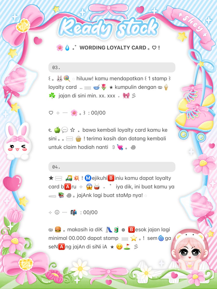 baemofn's tweet photo. 𐔌 🛼 . . help  rt，please? thank you  ˖ ˚ ‹𝟹

⌗ もしもし  🌸  ︿  ﹒ shey   brings   four
wording  ꒰  loyalty card  ꒱   𓈄   🐰💧  𖦹   
dengan  𖠗  🎀 🍭  𓈃  ⊹  IDR. 5,5OO  ♡ 
⁝⁝ketuk dm / telegram aku 𓈈  ..  🥣

╰─ #bealanja ⊹ ꮺ https://t.co/Soea4Qkt5z
