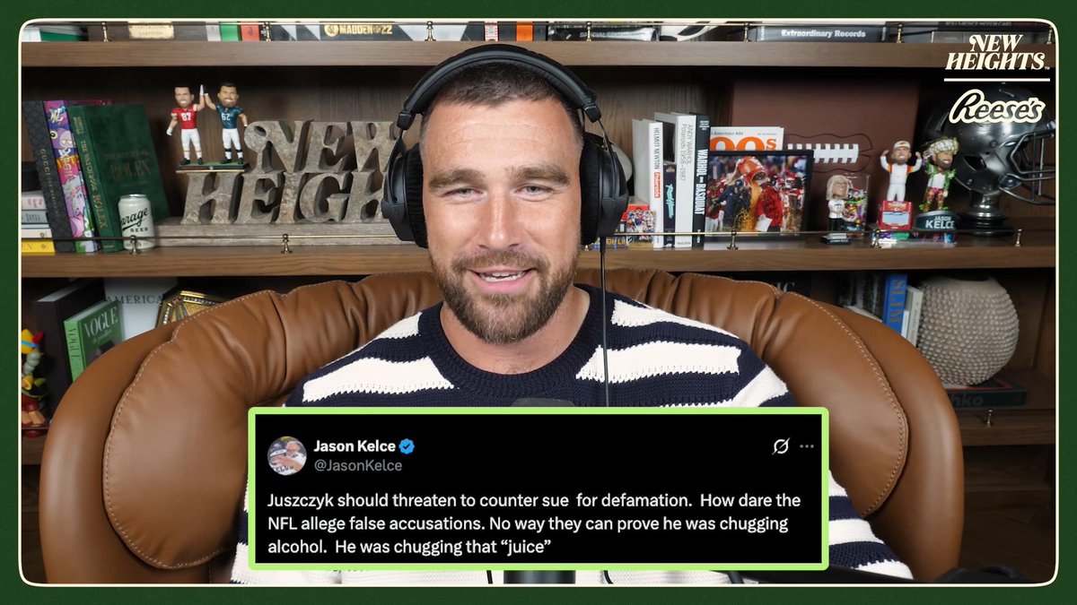 Travis Kelce is seen on the "New Heights" podcast wearing headphones, with a screenshot of Jason Kelce's tweet defending "Juice" (a nickname for teammate Jake Juszczyk) against NFL allegations of alcohol consumption by humorously claiming he was chugging "juice" instead.
