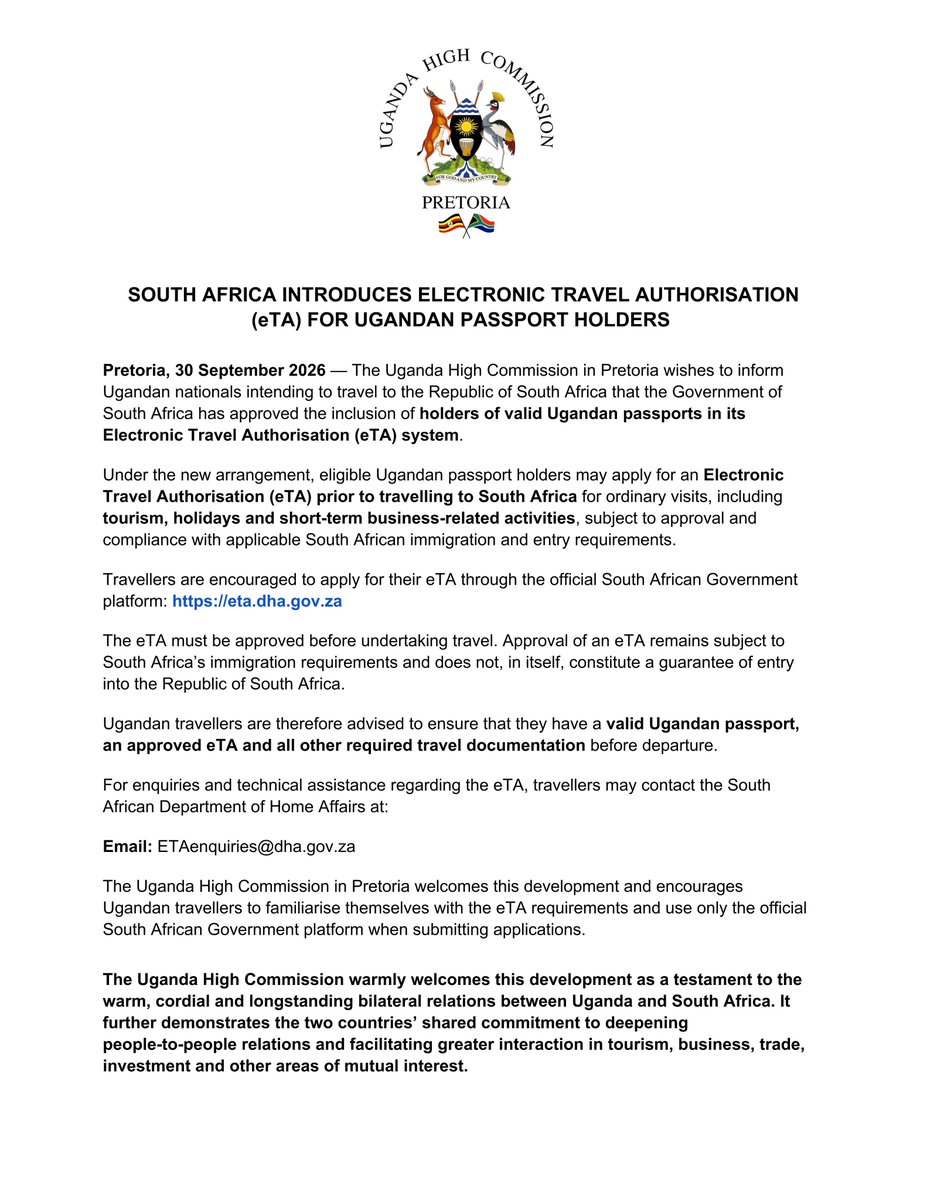 AmoruPaul's tweet photo. I warmly welcome the inclusion of Ugandan passport holders in South Africa’s Electronic Travel Authorisation (eTA) system.

This is a positive development for our people and a further reflection of the warm and cordial bilateral relations between Uganda and South Africa. 

It will facilitate greater movement and interaction between our two countries, while supporting tourism, business, trade, investment and people-to-people ties.