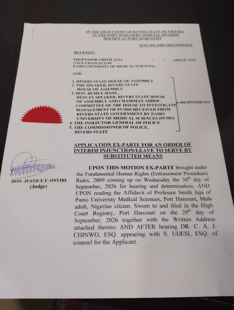 PH_Socials's tweet photo. JUST IN: A State High Court sitting in Port Harcourt, presided over by Justice F. Onyiri, has granted an ex-parte interim injunction in favour of the Vice-Chancellor of PAMO University of Medical Sciences, Professor Smith Jaja. https://t.co/tYbX8GEMBr