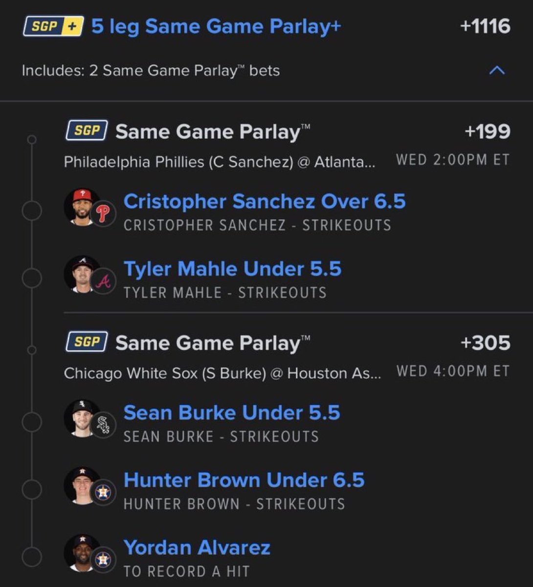 BigSoloWinpid's tweet photo. 🔥⚾️ 5-LEG MLB SAME GAME PARLAY+ 💰🔥

🎯 Christopher Sanchez — OVER 6.5 STRIKEOUTS
🎯 Tyler Mahle — UNDER 5.5 STRIKEOUTS

🎯 Sean Burke — UNDER 5.5 STRIKEOUTS
🎯 Hunter Brown — UNDER 6.5 STRIKEOUTS
🎯 Yordan Alvarez — TO RECORD A HIT

🚀 +1116 ODDS
💣 5 LEGS — LET’S CASH! 💰🔥

#MLB #MLBParlay #SameGameParlay #MLBPicks #BaseballBets #SportsBetting #ParlayPicks #BettingTwitter @Playbook
CLICK THE LINK BELOW TO JOIN MY FREE TELEGRAM GROUP FOR VIP BANG👇

https://t.co/PfUdadWRlm