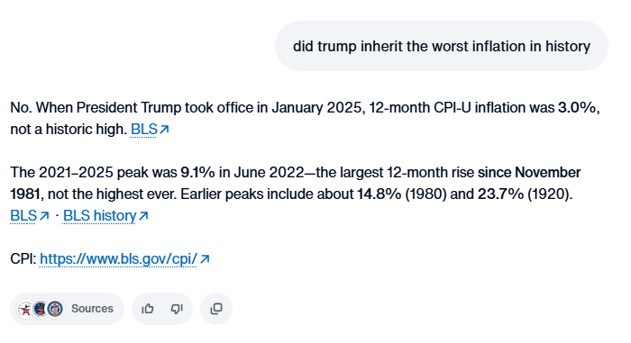 ddale8's tweet photo. Yesterday: Trump administration chatbot says it's not true that Trump inherited the worst inflation in history.
Today: Says it can't answer such questions.

It's the same for numerous other topics. Notably, its accurate answers yesterday relied on official federal information. https://t.co/QMpfcP3C5p