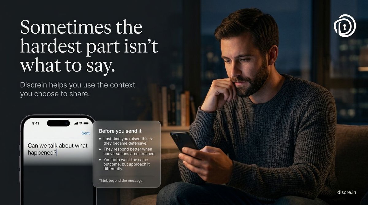 discre_in's tweet photo. Typed it. Deleted it. Typed it again.

Sometimes you’re not searching for better words.

You’re trying to figure out how this conversation will land.

Discrein helps you think through the relationship context before you hit send.

→ https://t.co/AORTYOMr1T

#Discrein #AI https://t.co/Cear9V0xH6