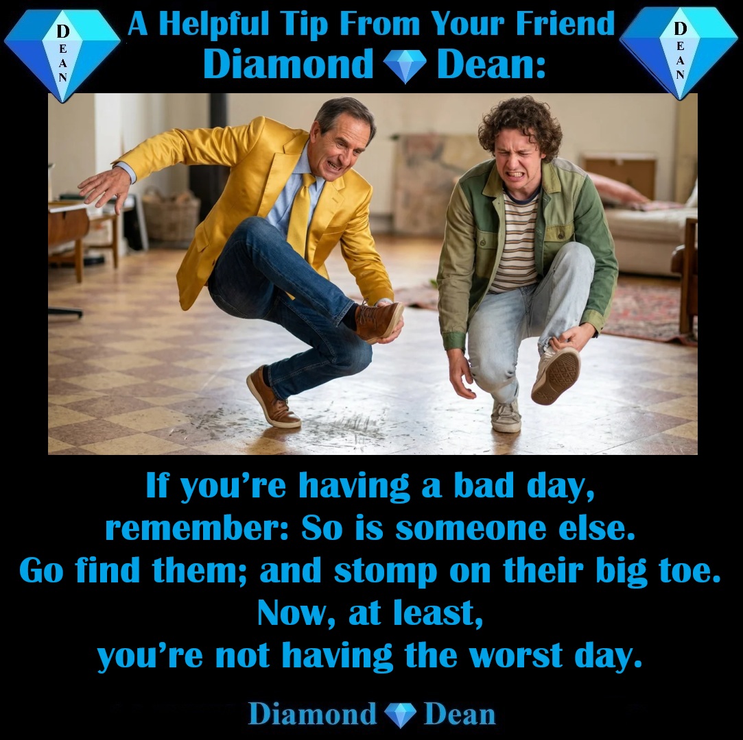 DeanBurkey's tweet photo. If you both stomp on each other’s big toes, you just made a new friend, and suddenly, everything seems better, except for your throbbing big toes.
#DeanSays #DeanMemes #Comedy #HelpfulTip #BadDay #WorstDay #Stomp #BigToes
Enjoy Diamond💎Dean Books: https://t.co/1nPgPI09Ho
😎🖖❤️ https://t.co/Bm4q0gX7Zc