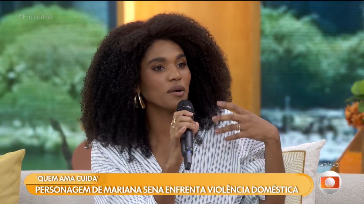 A TV interview from the Brazilian show 'Encontro' featuring Mariana Sena discussing her character's experience with domestic violence, captioned 'QUEM AMA CUIDA'.