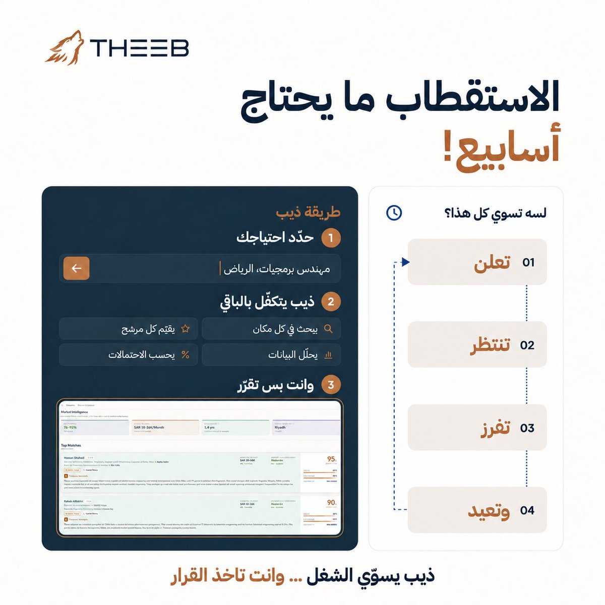 THEEB_ai's tweet photo. كم تقضي من وقتك عشان توصل للمرشح المناسب؟

 حدد احتياجك، وخلّ ذيب يطلع لك قائمة مرتبة بالأنسب.
 فرز أقل. وقرار أسرع.

 جرّب #ذيب مجاناً 
https://t.co/zUOr2olIg7

#AI #AgenticAI
#THEEB https://t.co/ymYPrhAnVh