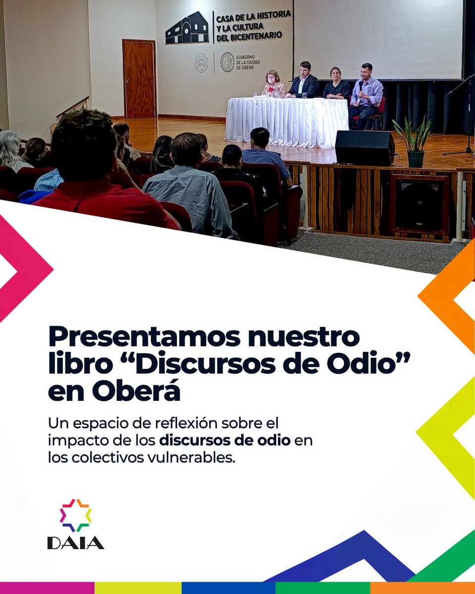 DAIAArgentina's tweet photo. **Oberá**

Presentamos el libro *“Discursos de odio: el impacto en los colectivos vulnerables”* en la Casa de la Historia y la Cultura del Bicentenario de la ciudad de Oberá.

Durante el encuentro, el intendente local, Pablo Hassan, dio la bienvenida y destacó la importancia de generar espacios de reflexión sobre esta problemática.

Nuestro presidente, Mauro Berenstein, expuso acerca del trabajo que llevamos adelante e hizo hincapié en el impacto de este tipo de manifestaciones en las redes sociales.

Por su parte, nuestra secretaria de Gestión Política, Susana Gelber, explicó los objetivos de la investigación que dio origen a la publicación y resaltó la importancia de presentar la obra en las distintas filiales de la DAIA en todo el país.

A continuación, Verónica Constantino, investigadora de nuestro Centro de Estudios Sociales, abordó específicamente la problemática de los discursos de odio y detalló los contenidos desarrollados a lo largo de los seis capítulos del libro.

La jornada fue moderada por Bruno Bladilo, titular de la DAIA Posadas.

Participaron referentes de distintas áreas gubernamentales, educativas y de las fuerzas de seguridad, entre ellos Claudio Marcelo Lüdtke, comisario general de la Unidad Regional II de Oberá de la Policía de Misiones.