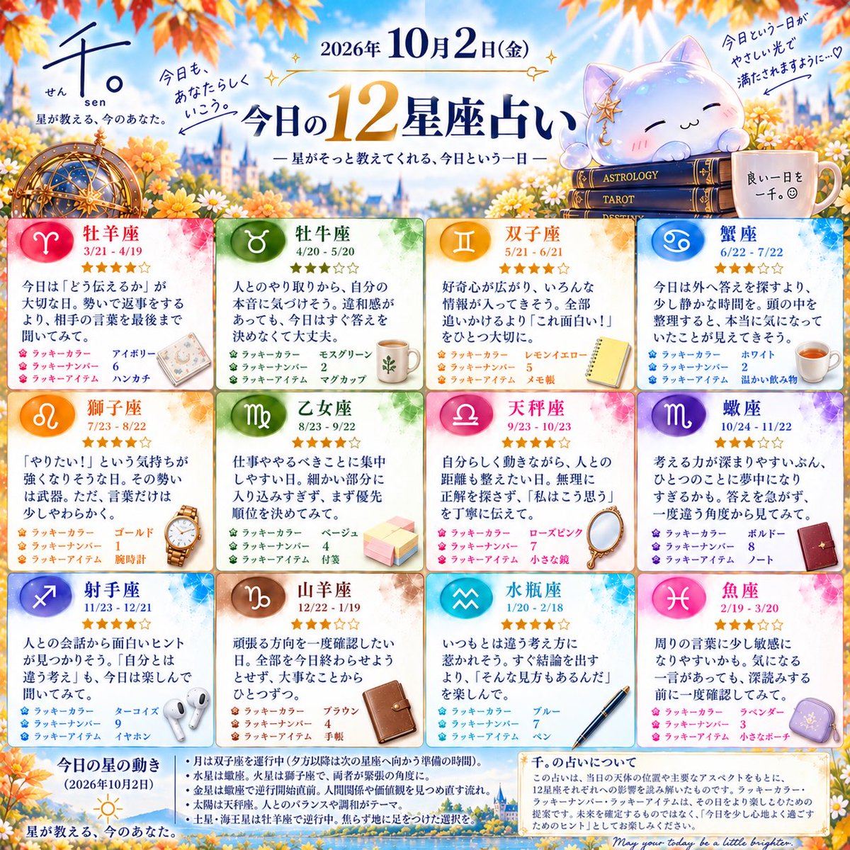 hosi__yomi_7's tweet photo. ☀️10月2日🍃｜今日の12星座占い✨

【今日の全体テーマ】

「言葉を急がない。
一度考えてから伝える。」

♈ 牡羊座

今日の全体運：★★★☆☆

今日は「どう伝えるか」が大切な日。
勢いで返事をするより、相手の言葉を最後まで聞いてみて。

🎨 ラッキーカラー：アイボリー
🔢 ラッキーナンバー：6
🍀 ラッキーアイテム：ハンカチ

♉ 牡牛座

今日の全体運：★★★☆☆

人とのやり取りから、自分の本音に気づけそう。
違和感があっても、今日はすぐ答えを決めなくて大丈夫。

🎨 ラッキーカラー：モスグリーン
🔢 ラッキーナンバー：2
🍀 ラッキーアイテム：マグカップ

♊ 双子座

今日の全体運：★★★★☆

好奇心が広がり、いろんな情報が入ってきそう。
全部追いかけるより「これ面白い！」をひとつ大切に。

🎨 ラッキーカラー：レモンイエロー
🔢 ラッキーナンバー：5
🍀 ラッキーアイテム：メモ帳

♋ 蟹座

今日の全体運：★★★☆☆

今日は外へ答えを探すより、少し静かな時間を。
頭の中を整理すると、本当に気になっていたことが見えてきそう。

🎨 ラッキーカラー：ホワイト
🔢 ラッキーナンバー：2
🍀 ラッキーアイテム：温かい飲み物

♌ 獅子座

今日の全体運：★★★★☆

「やりたい！」という気持ちが強くなりそうな日。
その勢いは武器。ただ、言葉だけは少しやわらかく。

🎨 ラッキーカラー：ゴールド
🔢 ラッキーナンバー：1
🍀 ラッキーアイテム：腕時計

♍ 乙女座

今日の全体運：★★★★☆

仕事ややるべきことに集中しやすい日。
細かい部分に入り込みすぎず、まず優先順位を決めてみて。

🎨 ラッキーカラー：ベージュ
🔢 ラッキーナンバー：4
🍀 ラッキーアイテム：付箋

♎ 天秤座

今日の全体運：★★★★☆

自分らしく動きながら、人との距離も整えたい日。
無理に正解を探さず、「私はこう思う」を丁寧に伝えて。

🎨 ラッキーカラー：ローズピンク
🔢 ラッキーナンバー：7
🍀 ラッキーアイテム：小さな鏡

♏ 蠍座

今日の全体運：★★★☆☆

考える力が深まりやすいぶん、ひとつのことに夢中になりすぎるかも。
答えを急がず、一度違う角度から見てみて。

🎨 ラッキーカラー：ボルドー
🔢 ラッキーナンバー：8
🍀 ラッキーアイテム：ノート

♐ 射手座

今日の全体運：★★★★☆

人との会話から面白いヒントが見つかりそう。
「自分とは違う考え」も、今日は楽しんで聞いてみて。

🎨 ラッキーカラー：ターコイズ
🔢 ラッキーナンバー：9
🍀 ラッキーアイテム：イヤホン

♑ 山羊座

今日の全体運：★★★☆☆

頑張る方向を一度確認したい日。
全部を今日終わらせようとせず、大事なことからひとつずつ。

🎨 ラッキーカラー：ブラウン
🔢 ラッキーナンバー：4
🍀 ラッキーアイテム：手帳

♒ 水瓶座

今日の全体運：★★★★☆

いつもとは違う考え方に惹かれそう。
すぐ結論を出すより、「そんな見方もあるんだ」を楽しんで。

🎨 ラッキーカラー：ブルー
🔢 ラッキーナンバー：7
🍀 ラッキーアイテム：ペン

♓ 魚座

今日の全体運：★★★☆☆

周りの言葉に少し敏感になりやすいかも。
気になる一言があっても、深読みする前に一度確認してみて。

🎨 ラッキーカラー：ラベンダー
🔢 ラッキーナンバー：3
🍀 ラッキーアイテム：小さなポーチ

今日も、あなたらしく。
星が教える、今のあなた。𓂃𓈒𓏸

#占い
#今日の運勢
#12星座占い