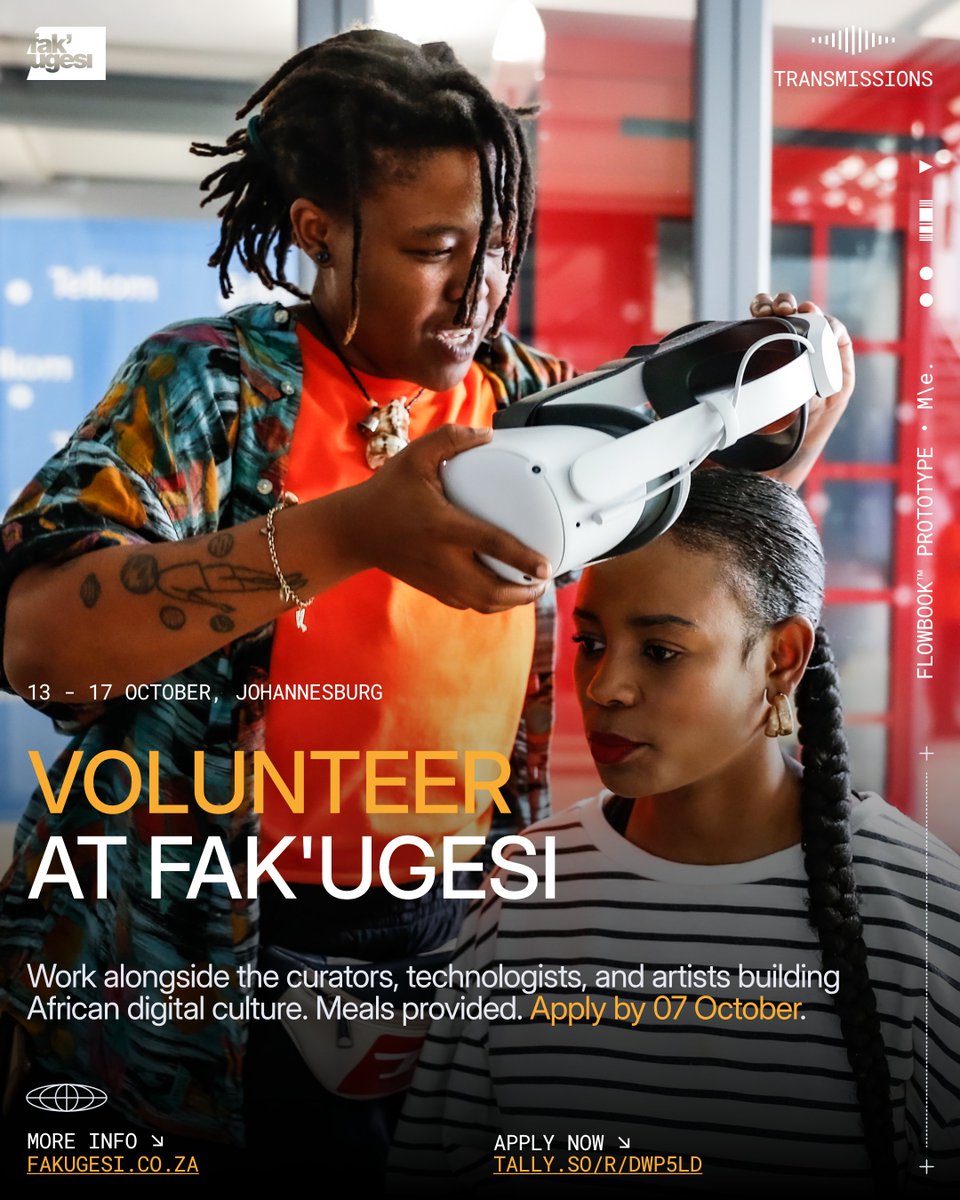 fakugesi's tweet photo. Volunteer   at Fak’ugesi, 13–17 Oct, Johannesburg.

Run tech for screenings, help manage   workshops, set up exhibitions.

Meals provided.

Apply by Wed 07 Oct

https://t.co/3HE8pLs7HP

#Fakugesi2026 https://t.co/QXoO44SbO9