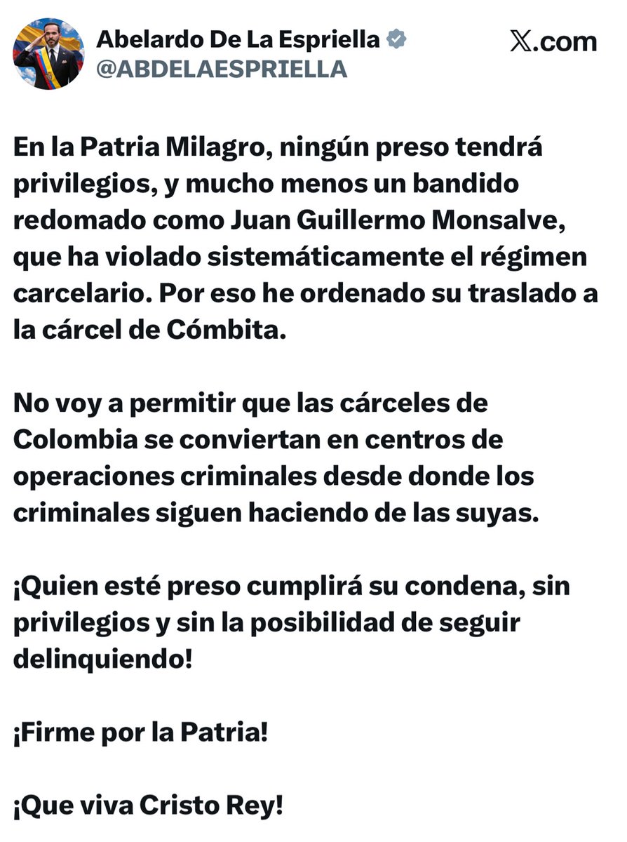 lafm's tweet photo. 🟡 El presidente Abelardo de la Espriella ordenó el traslado de Juan Guillermo Monsalve a la cárcel de Cómbita y aseguró que no permitirá privilegios para los presos ni que las cárceles se conviertan en centros de operaciones criminales. https://t.co/irMo4hNJ5A https://t.co/wW3UG4Pnkm