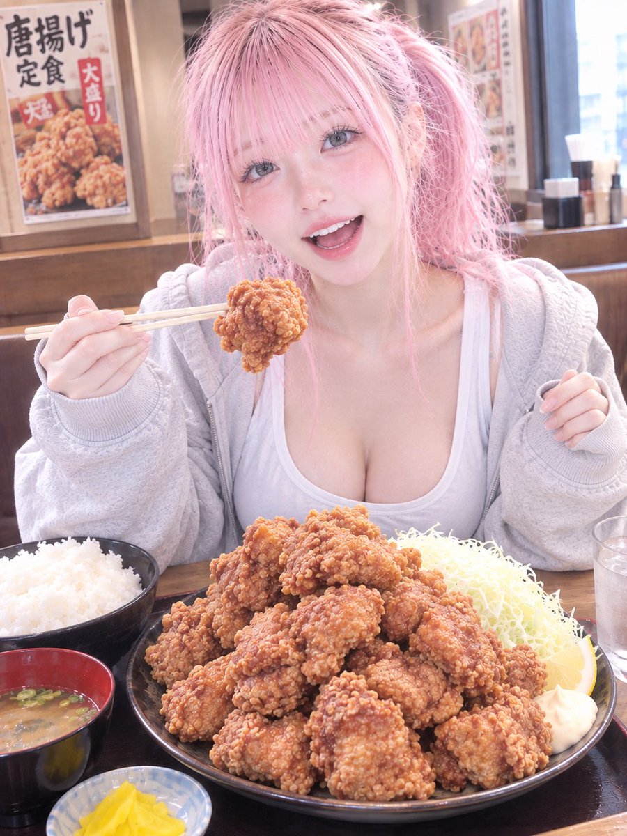 AInootonatlri's tweet photo. 歯科検診も無事に終わってひと安心🦷✨
お腹すいた〜！ということで、今日は唐揚げ大盛り定食🤤🍚

見て見て、この唐揚げの量！
こんなにたくさん食べられるかな…？😂
衣がサクサクでめちゃくちゃ美味しそう💕
それじゃあ、いただきます🙏✨

#���揚げ定食 #唐揚げ #AI https://t.co/jFTd61HCZr