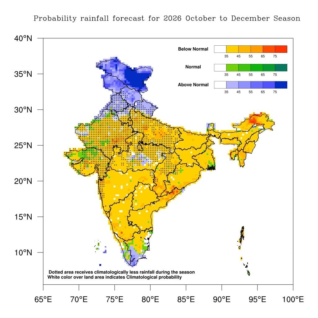 Rajsthanweather's tweet photo. अक्टूबर से दिसंबर के दौरान राजस्थान के अधिकतर क्षेत्रों में सामान्य से कम वर्षा की संभावना है। उत्तरी और पश्चिमी राजस्थान के कुछ हिस्सों में सामान्य और कुछ में सामान्य से अधिक वर्षा हो सकती है। https://t.co/ii0kTQkwfC