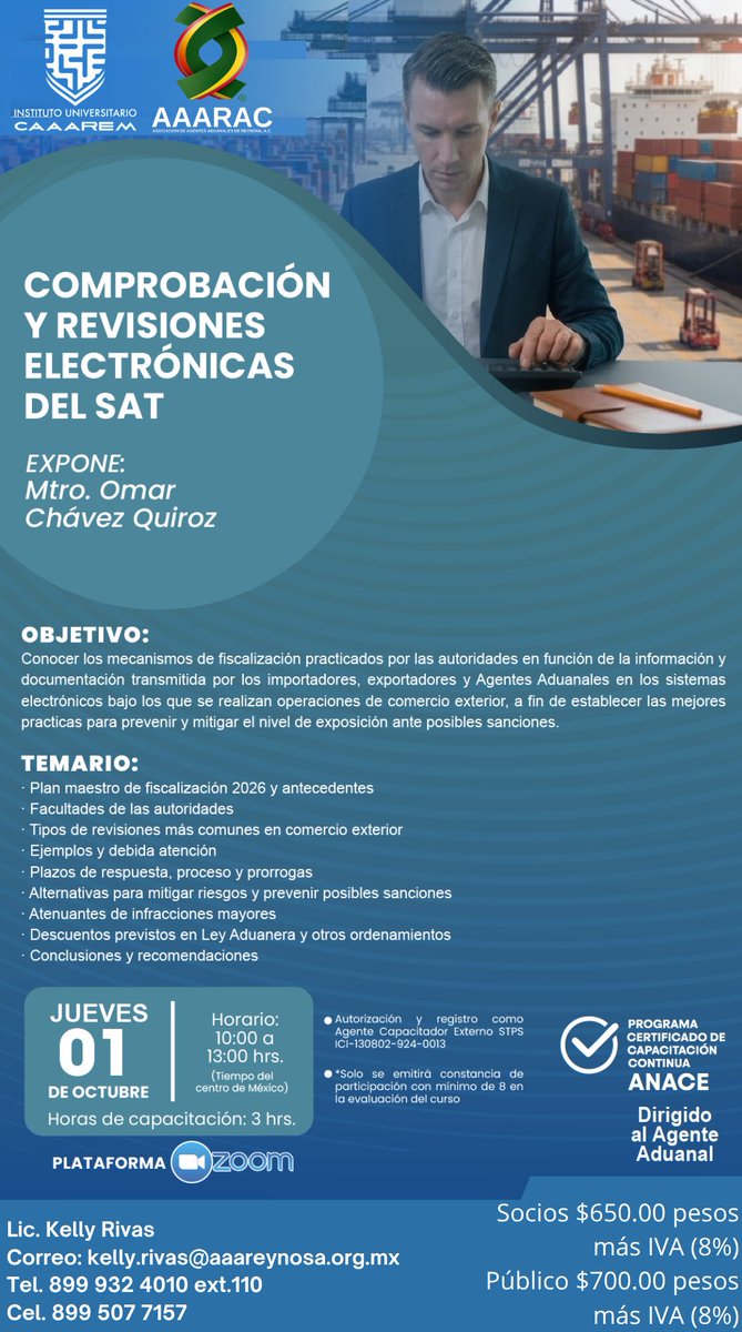 AAAReynosa's tweet photo. ¡NOS VEMOS MAÑANA!
"CURSO EN LINEA COMPROBACIÓN Y REVISIONES ELECTRÓNICAS DEL SAT" 
Como expositor Mtro. Omar Chávez Quiroz 👨🏻‍🏫 
📆 01 Octubre 2026 11:00 a 14:00 horas (Zona Reynosa)
💻 Plataforma ZOOM
📝 Realiza tu registro en línea: https://t.co/FxSGZFkJ5f https://t.co/W03bIkJ463