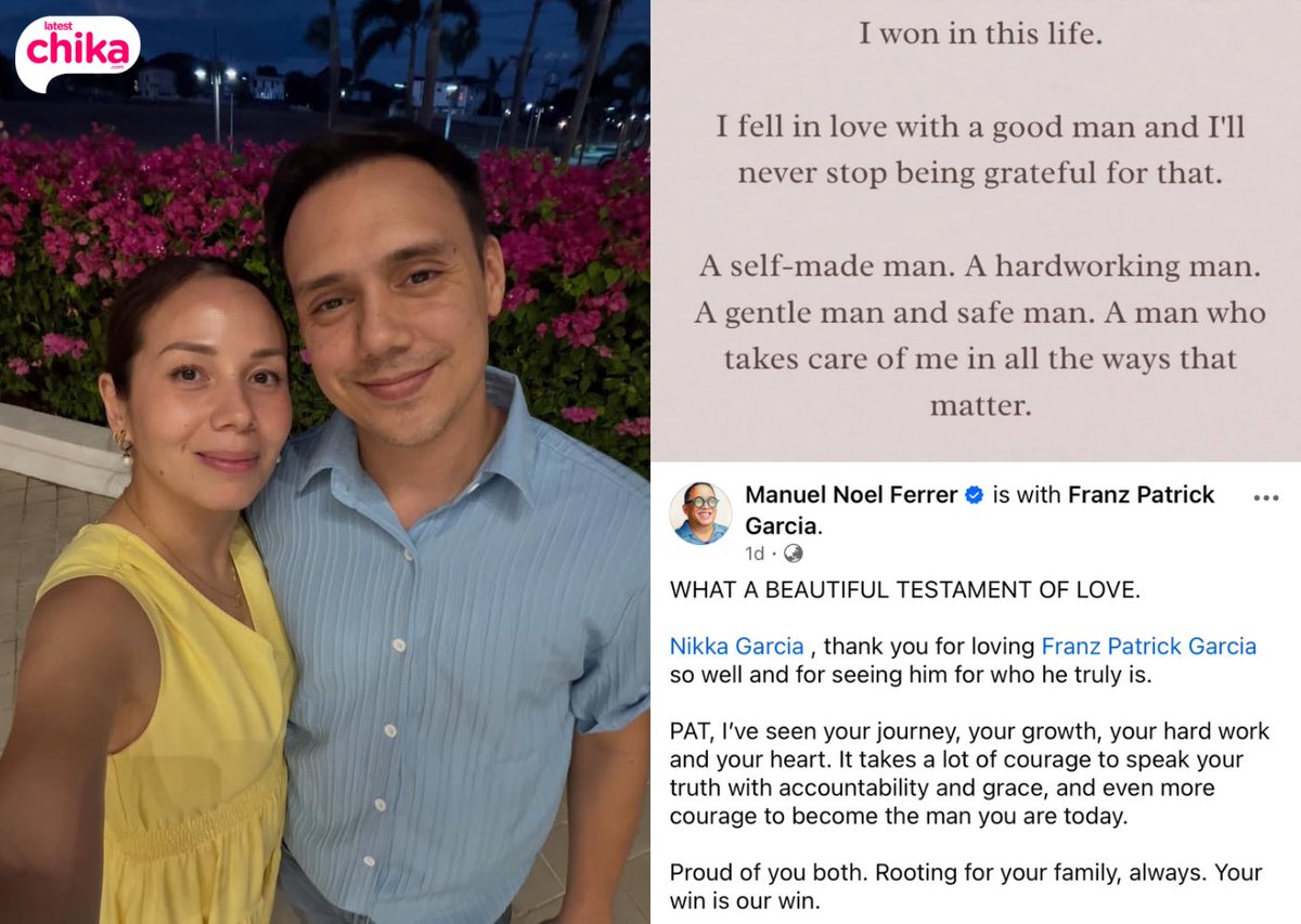 latest_chika's tweet photo. ‘I WON IN THIS LIFE’

Nikka Garcia backs husband Patrick Garcia following the actor’s tell-all interview with Ogie Diaz where he bared his side on his controversial breakup with Jennylyn Mercado in 2008. 

Talent manager Noel Ferrer also expressed support for the couple. https://t.co/Ttn4ji6vXI