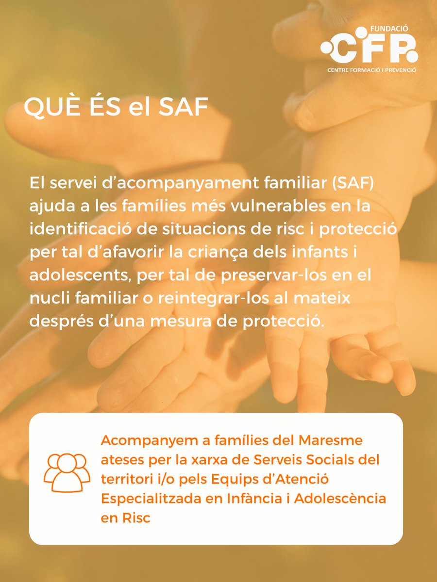 CFPMaresme's tweet photo. Acompanyem a famílies per afavorir entorns segurs i estables per als infants i adolescents✨
El Servei d’Acompanyament Familiar ofereix atenció individualitzada i tallers grupals, en coordinació amb els EAIA i els Serveis Socials.
Amb el suport del Departament de Drets Socials. https://t.co/6D94ZQPkAx