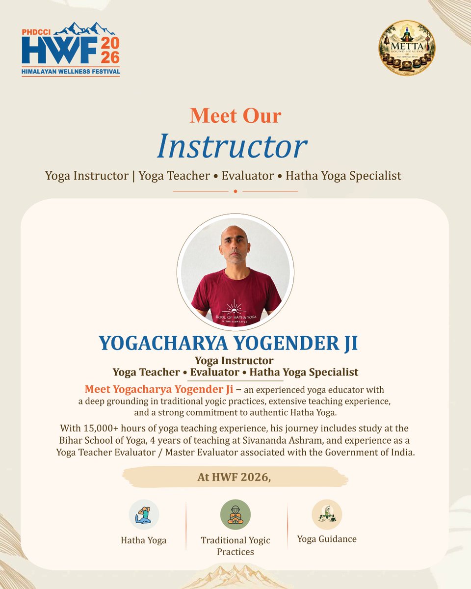 HimalayanWell's tweet photo. When the practice is rooted in tradition, transformation follows.

📅 23–25 October 2026
📍 The Punarnava Wellness Resort, Dehradun, Uttarakhand

#HimalayanWellnessFestival #HWF2026 #MeetOurFacilitators #TraditionalYoga #YogaRetreat #WellnessFestival #Dehradun #UttarakhandHeaven https://t.co/wCEaOO6Cc4